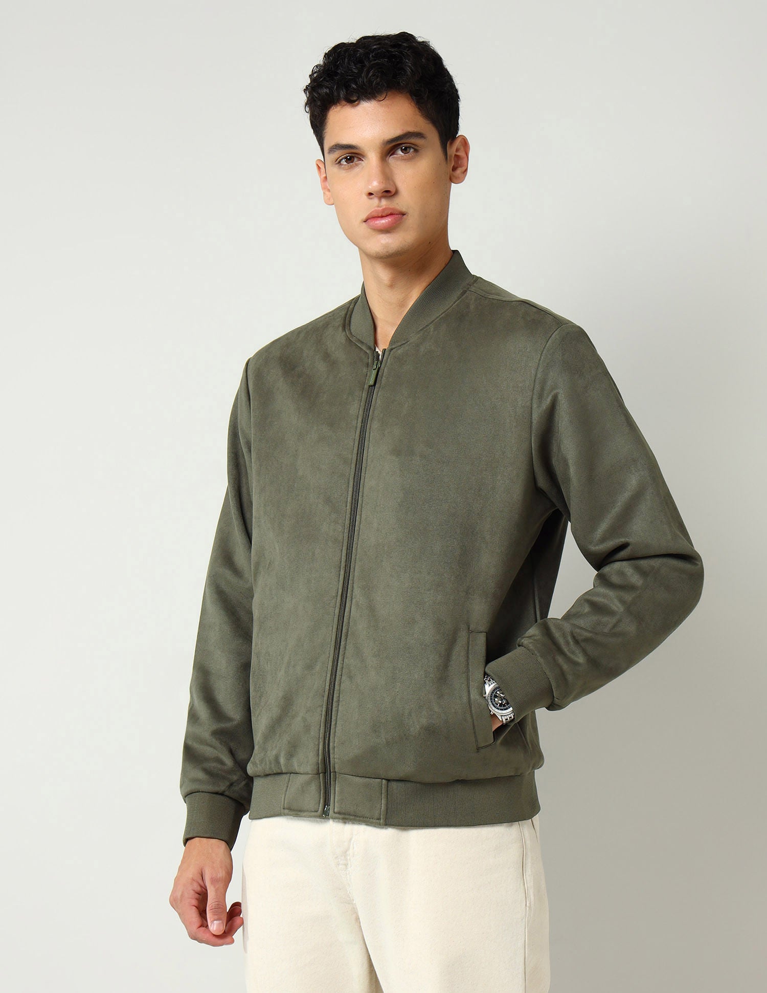 Mid-day Breeze Modern Slim Fit Suede Bomber Jacket