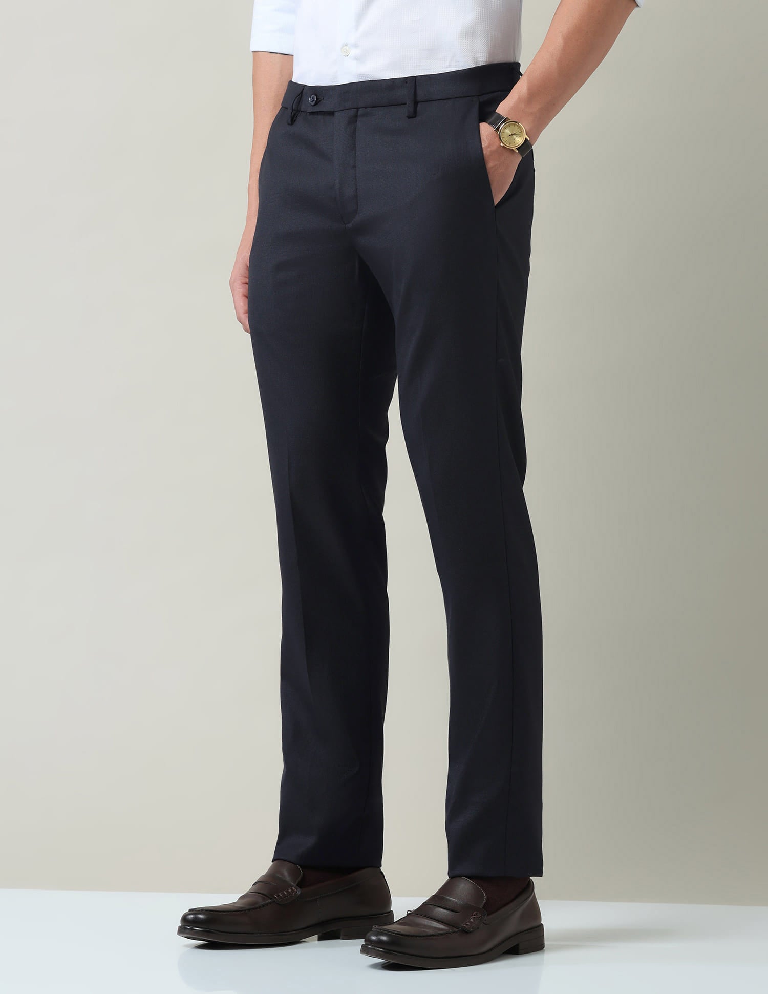 Solid Regular Fit Dobby Trousers