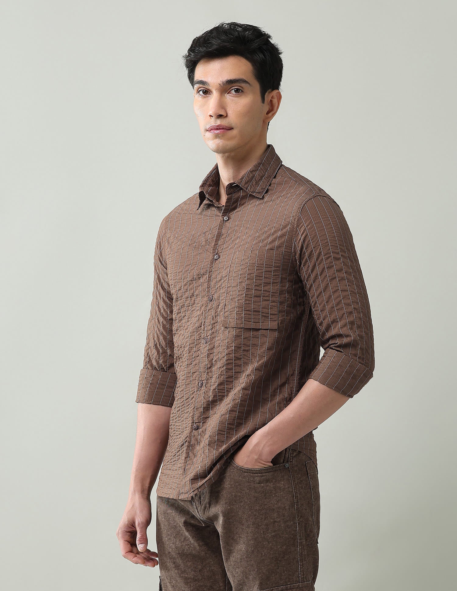 Noir Luxe Vertical Striped Slim Fit Dobby Weave Shirt