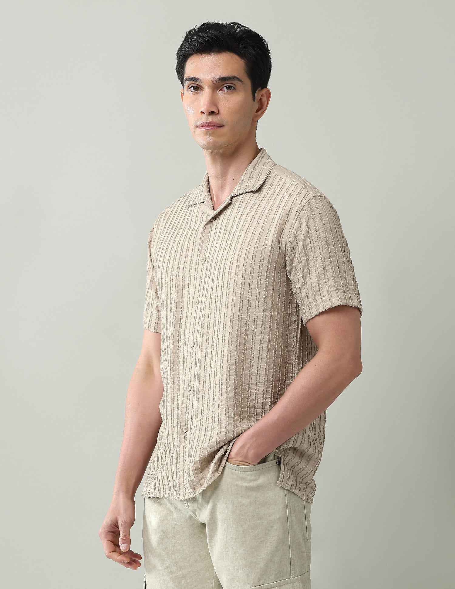 Vertical Striped Slim Fit Dobby Weave Shirt
