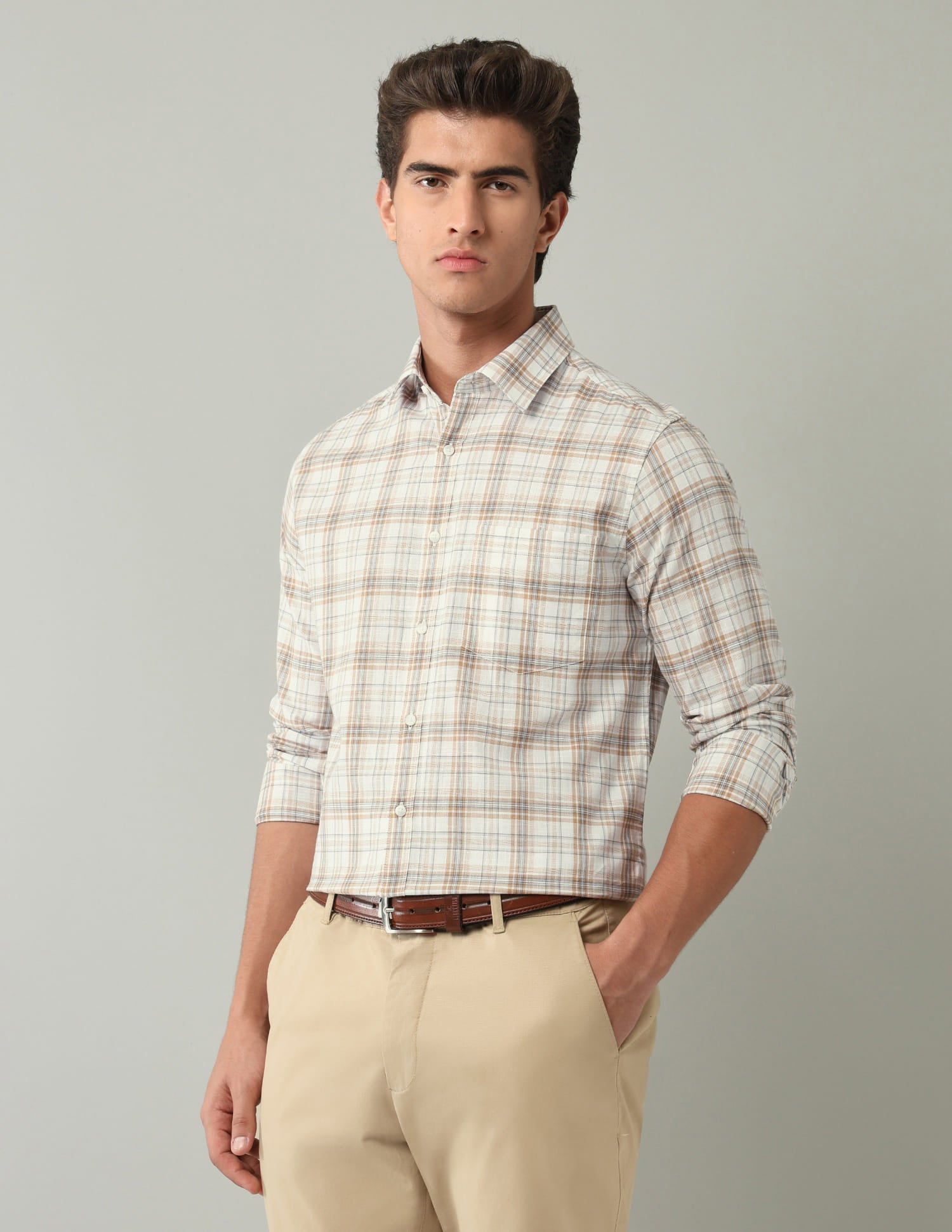 Beige Plaid Checked Regular Fit Shirt