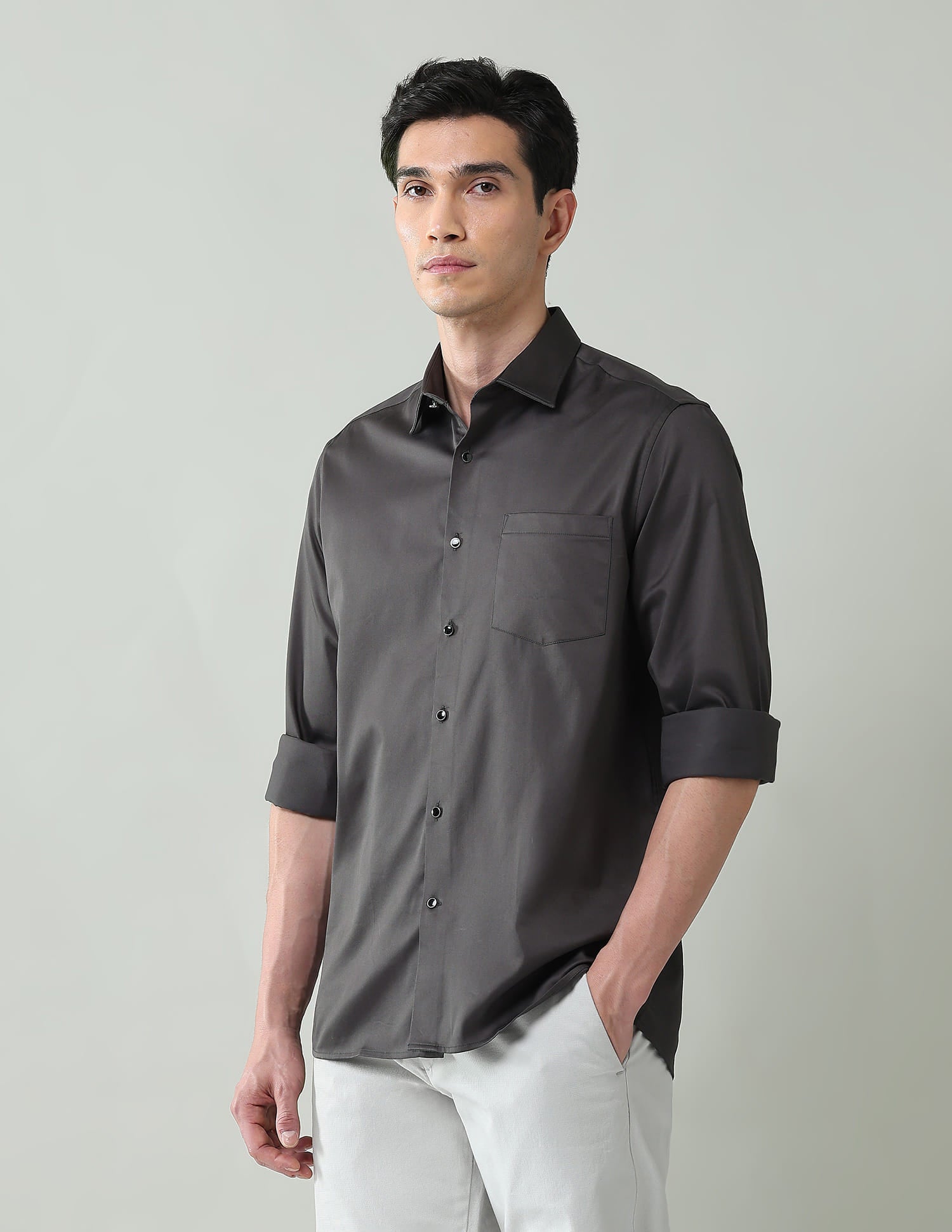 Vogue Vault Solid Slim Fit Satin Shirt