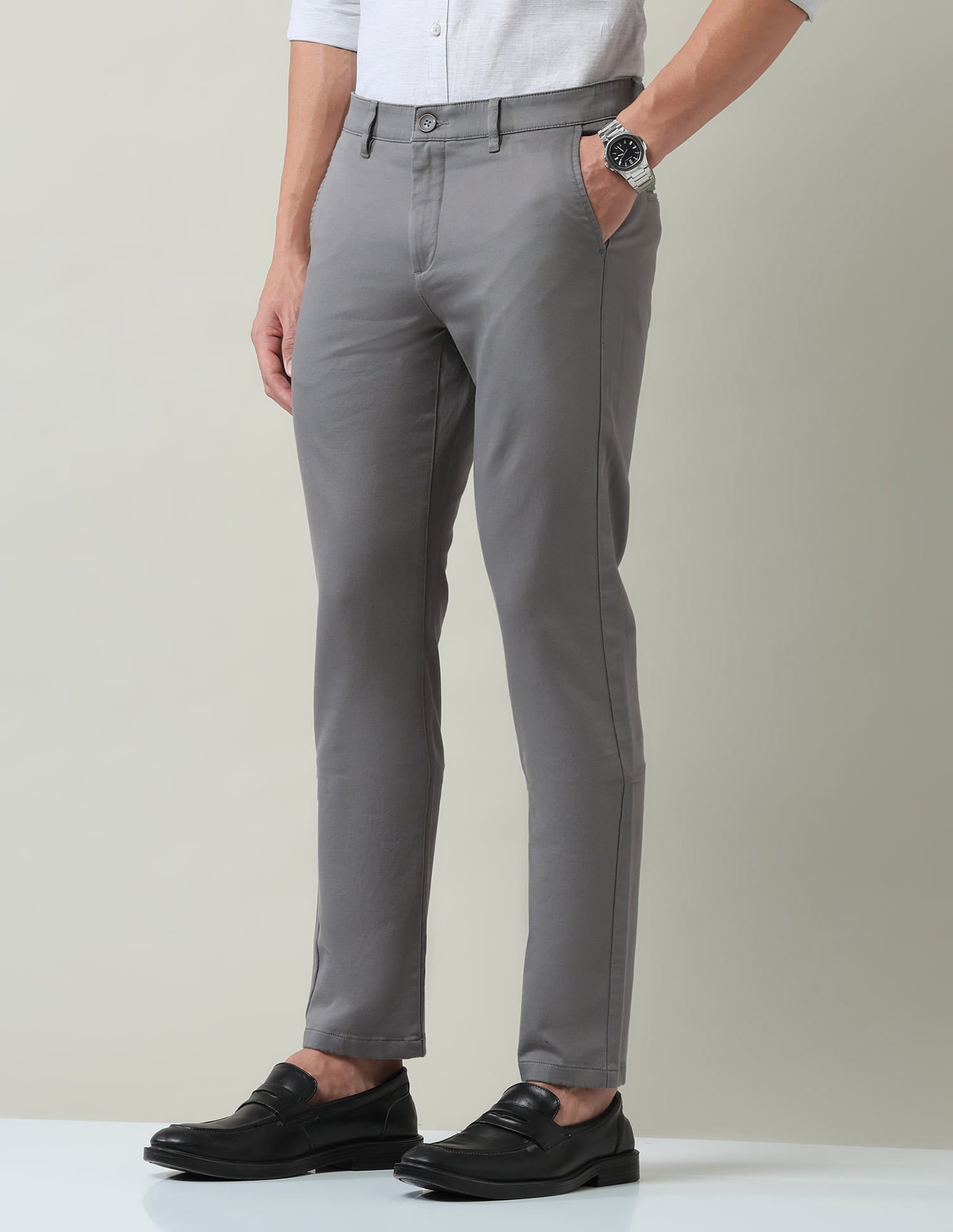 Work Essentials Solid Slim Fit Dobby Trousers