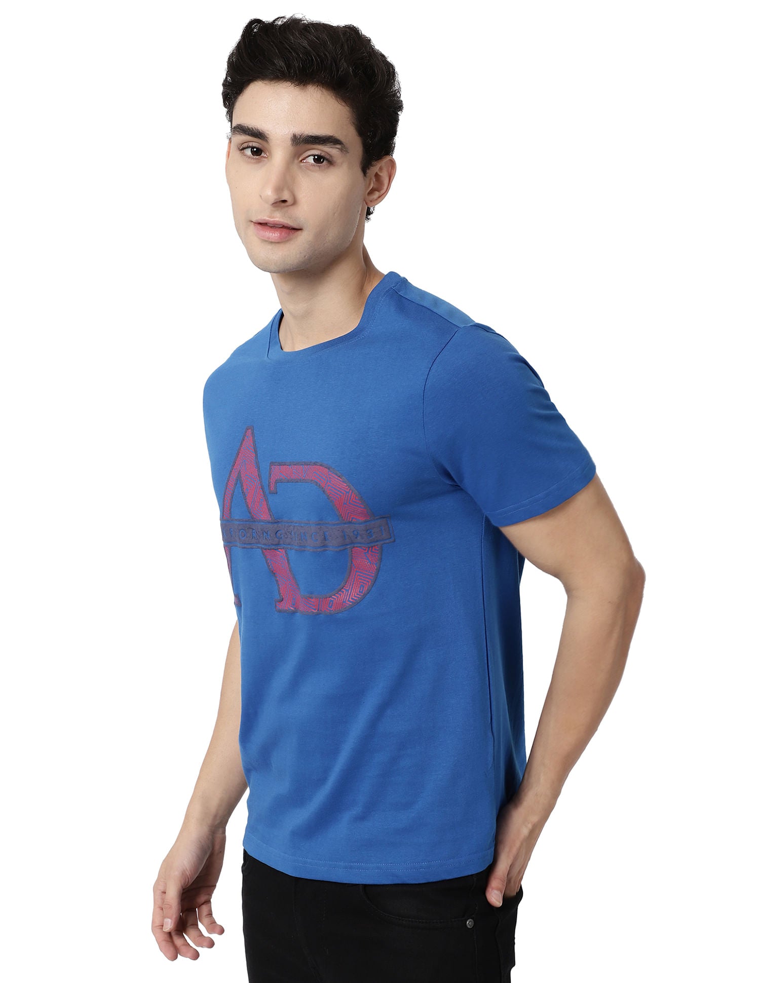 Refined-Edge Crew Neck Brand Print Cotton T-Shirt