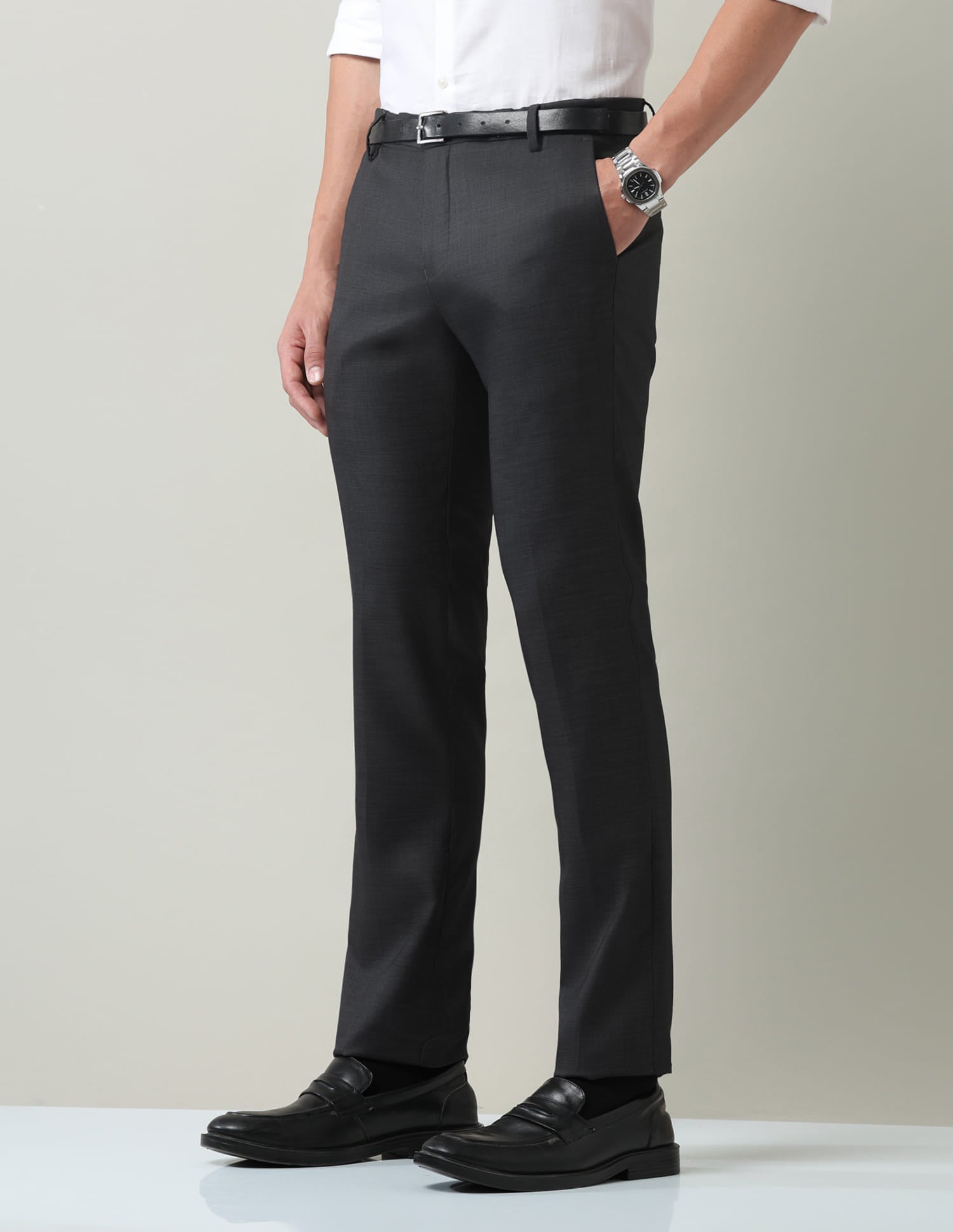 Work Essentials Solid Slim Fit Dobby Trousers