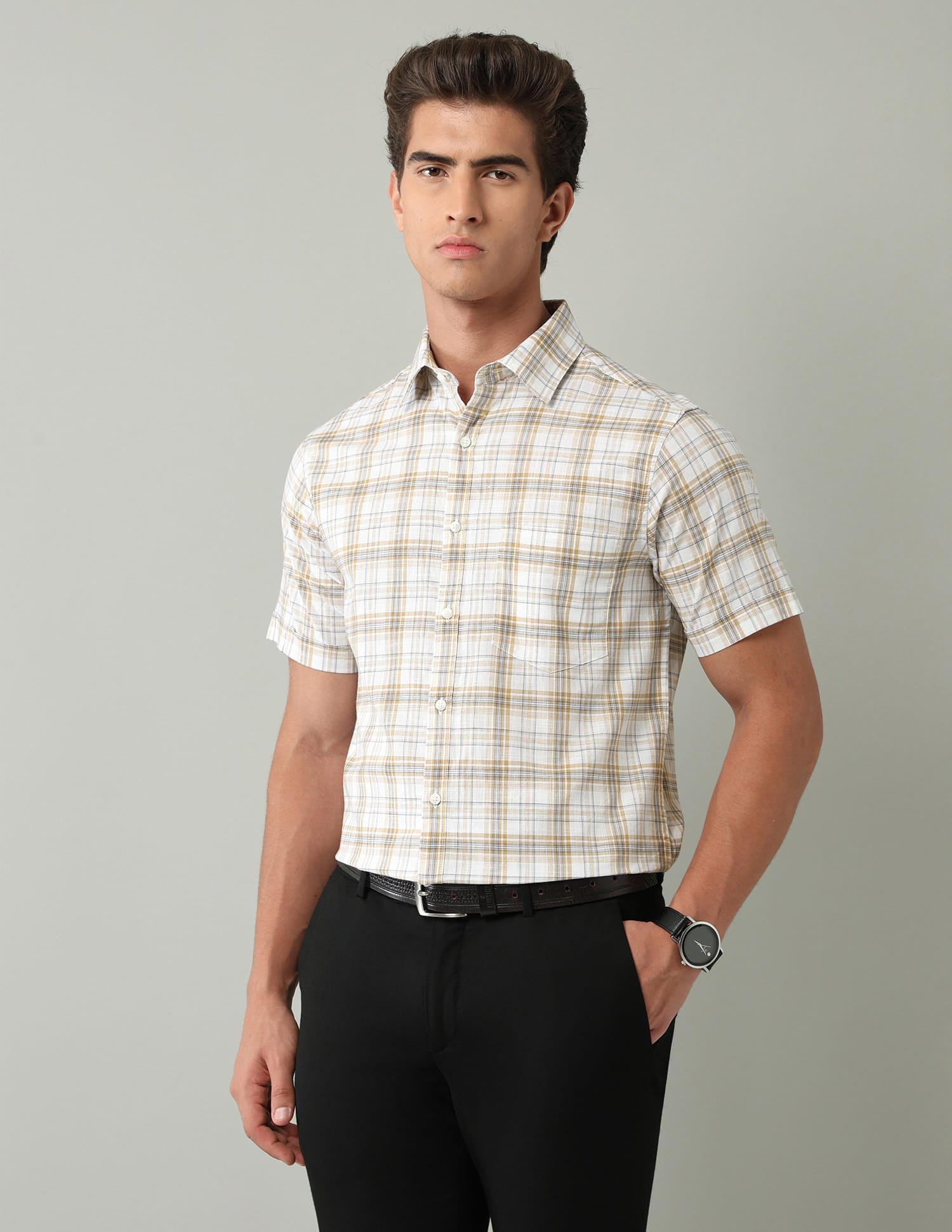 Beige Tartan Checked Regular Fit Shirt