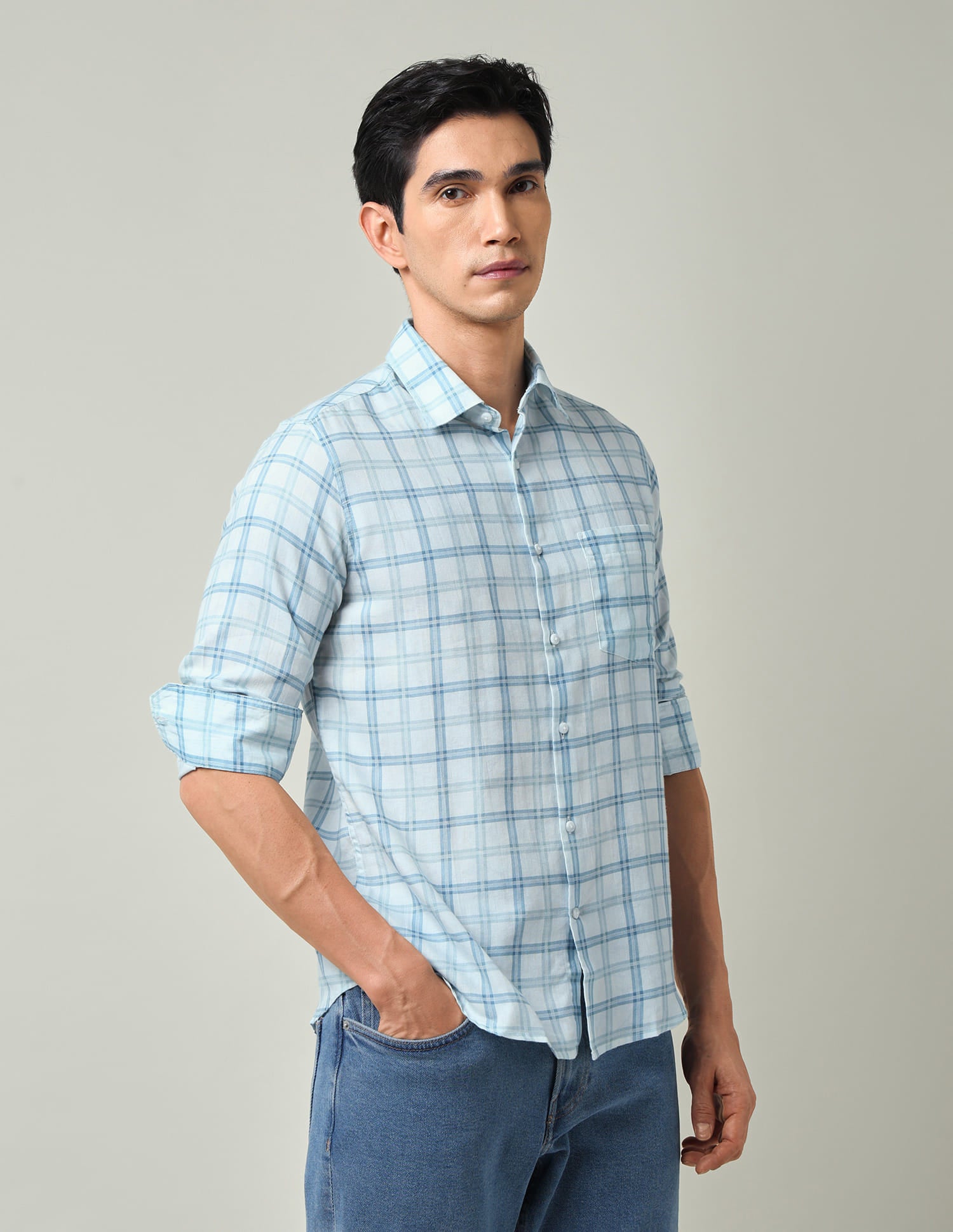 Windowpane Checked Slim Fit Twill Shirt