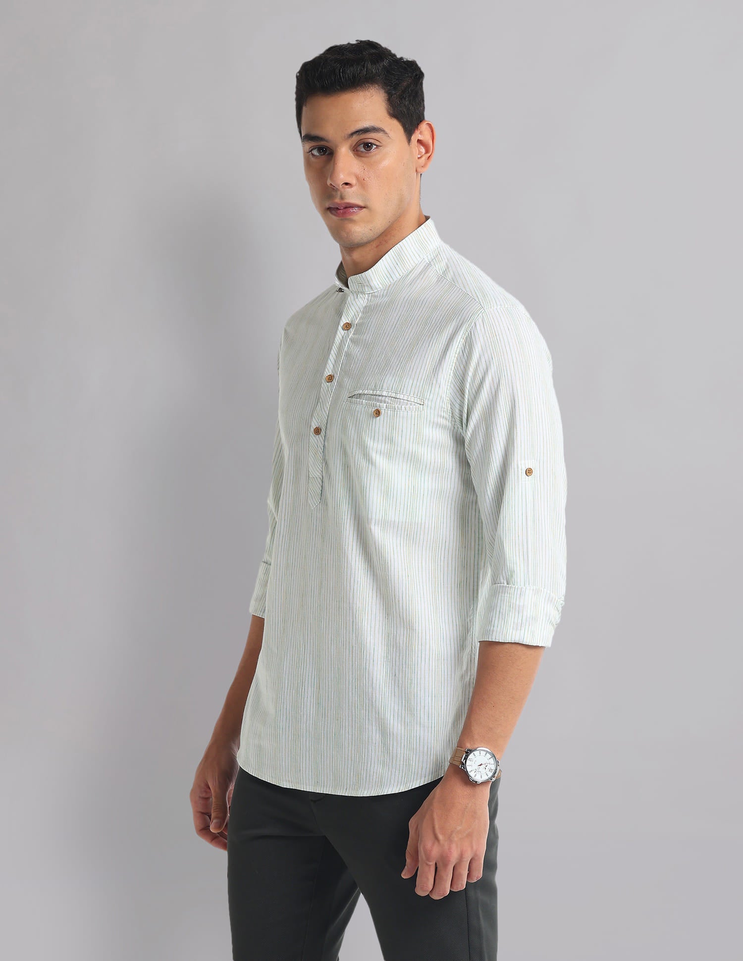 Vertical Stripe Mandarin Collar Indie Shirt