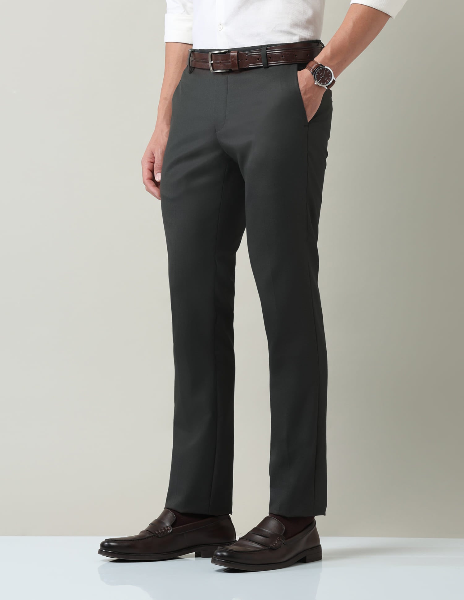 Work Essentials Solid Slim Fit Dobby Trousers