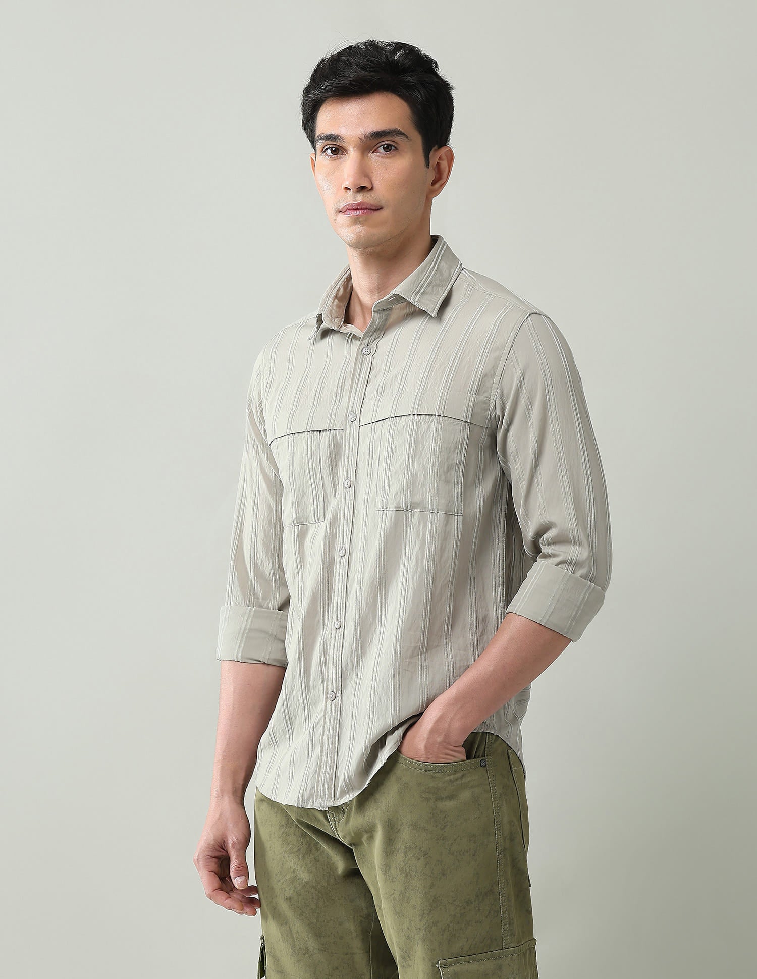 Noir Luxe Vertical Striped Slim Fit Dobby Weave Shirt
