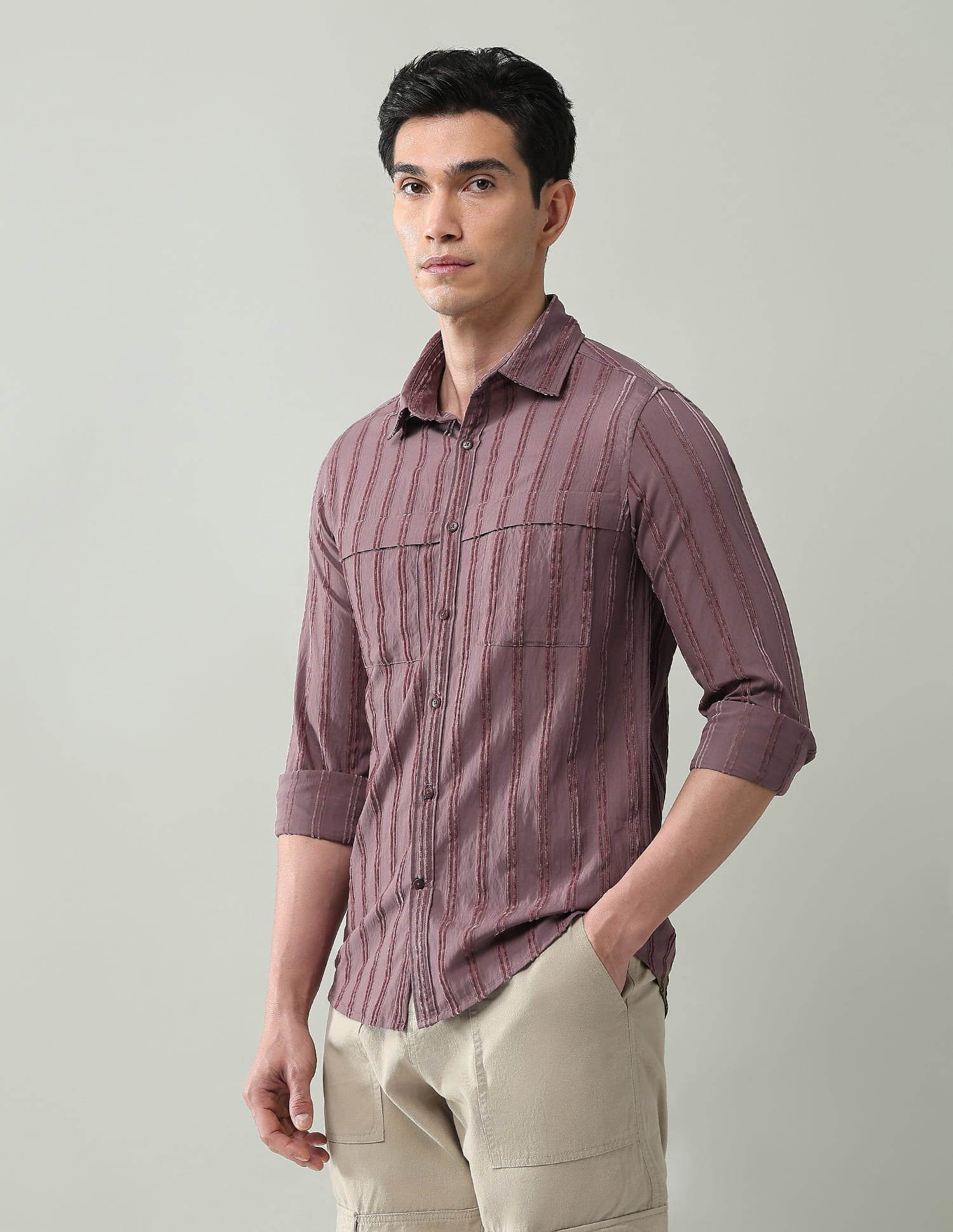 Noir Luxe Vertical Striped Slim Fit Dobby Weave Shirt