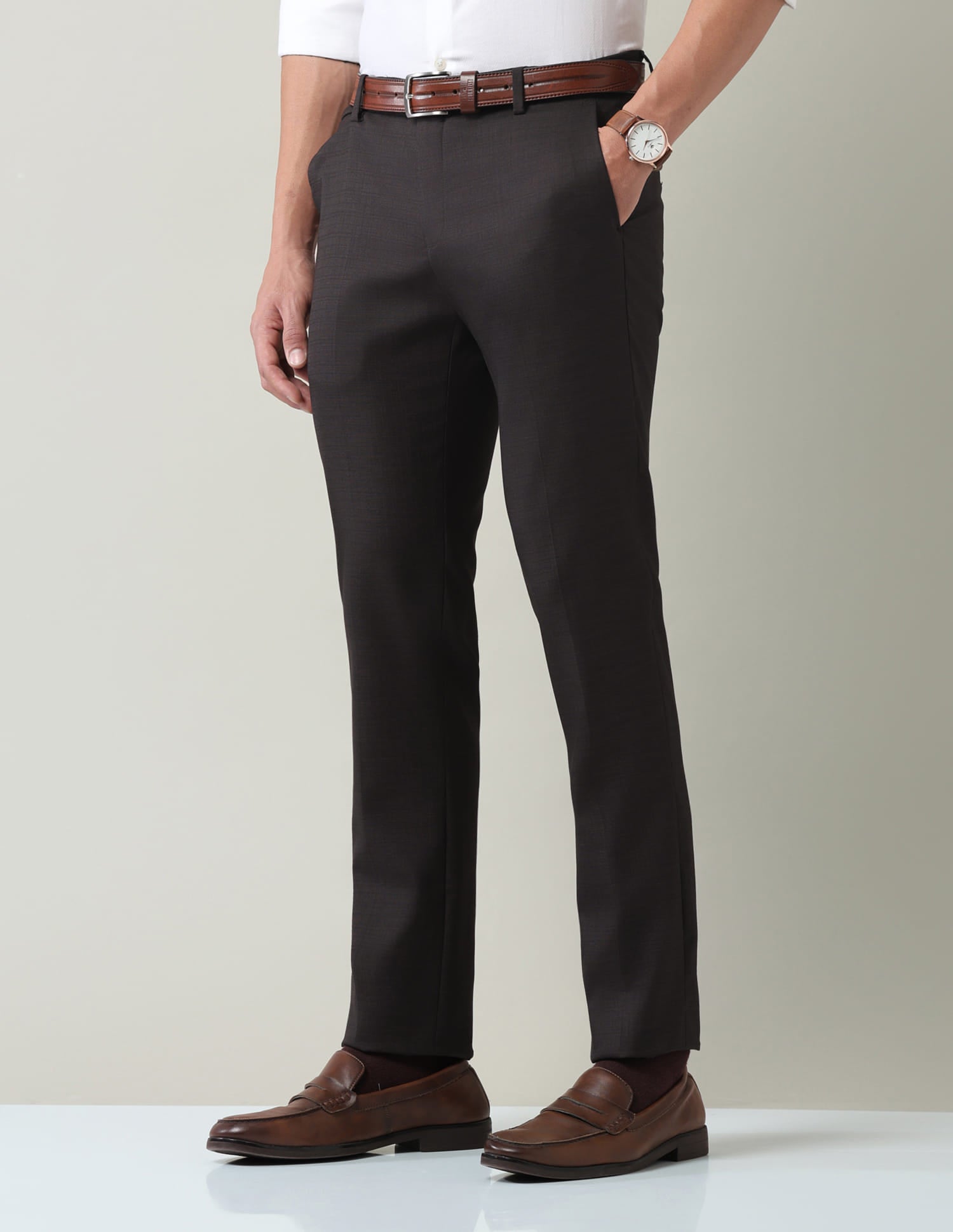 Work Essentials Solid Slim Fit Dobby Trousers
