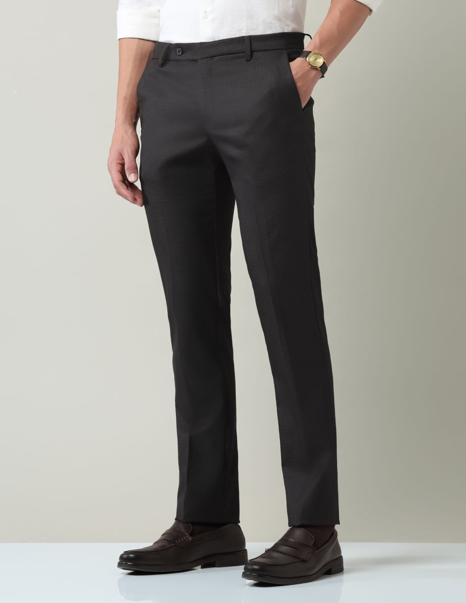 Work Essentials Solid Slim Fit Dobby Trousers