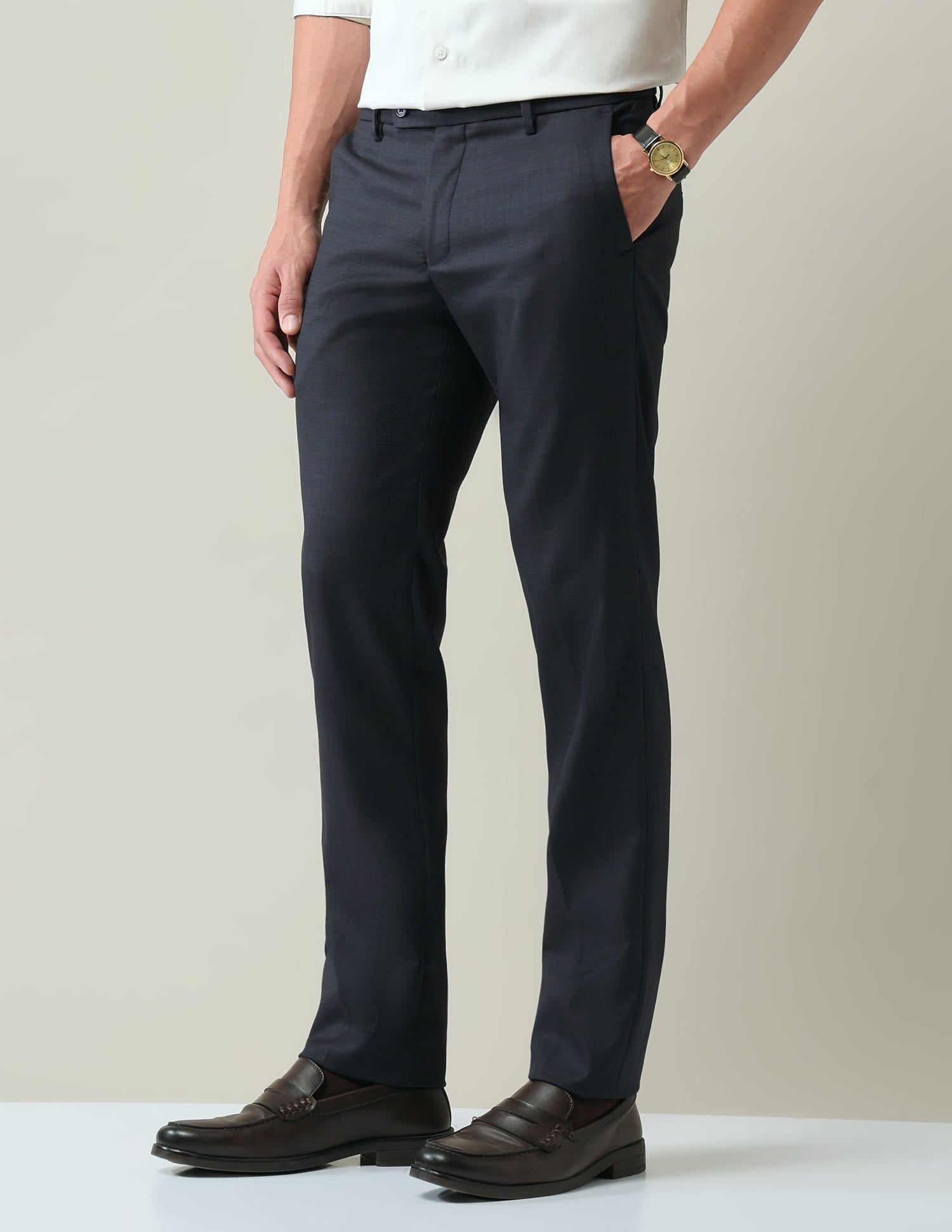 Work Essentials Solid Slim Fit Dobby Trousers