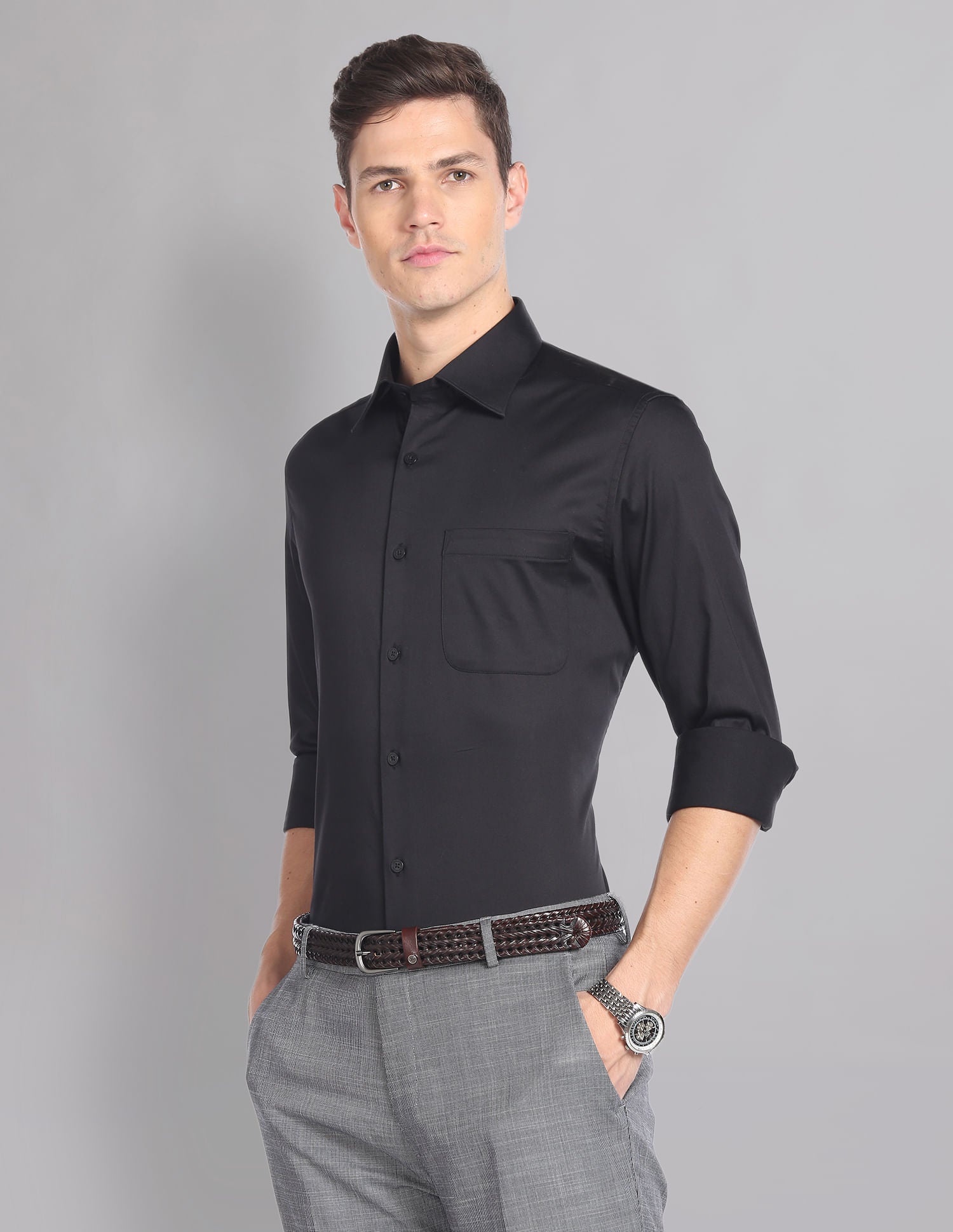 Stylish Cutaway Collar Solid Satin Formal Shirt