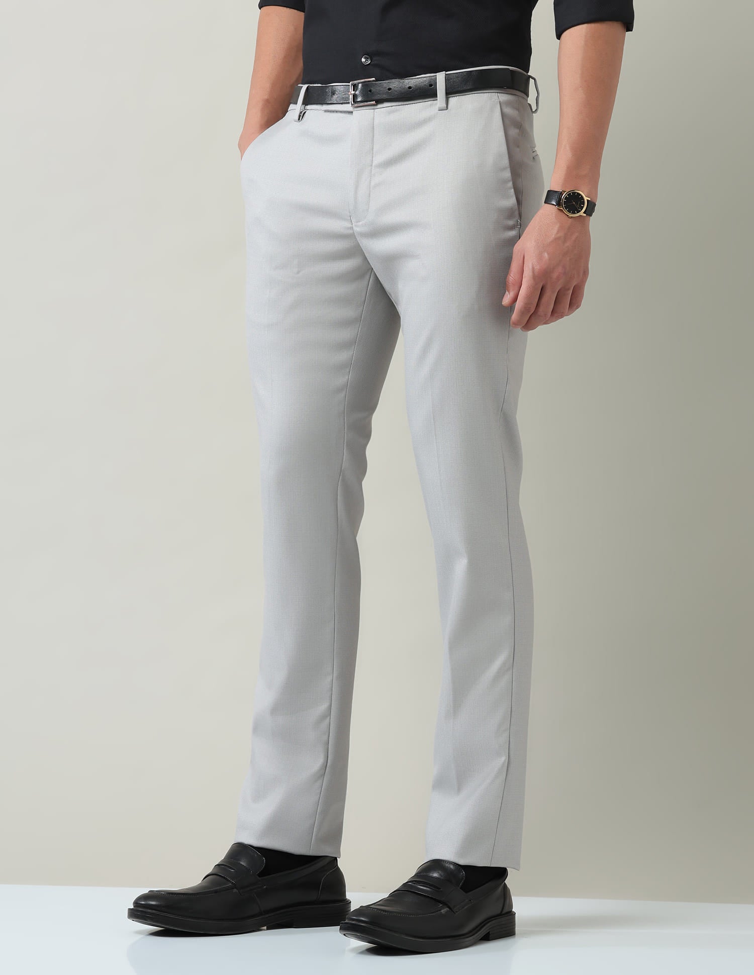 Work Essentials Solid Slim Fit Dobby Trousers