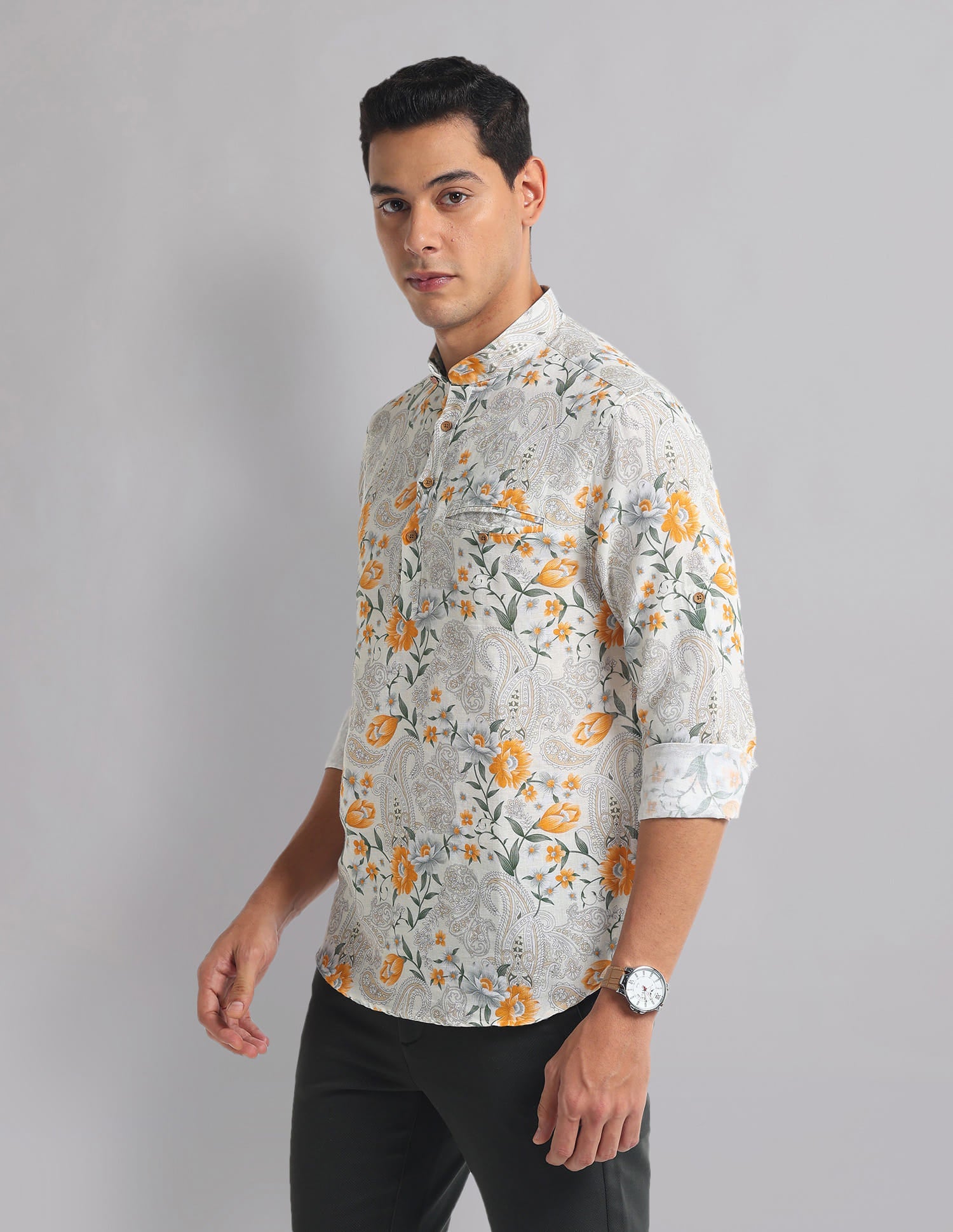 Style-Coded Floral Mandarin Collar Indie Shirt