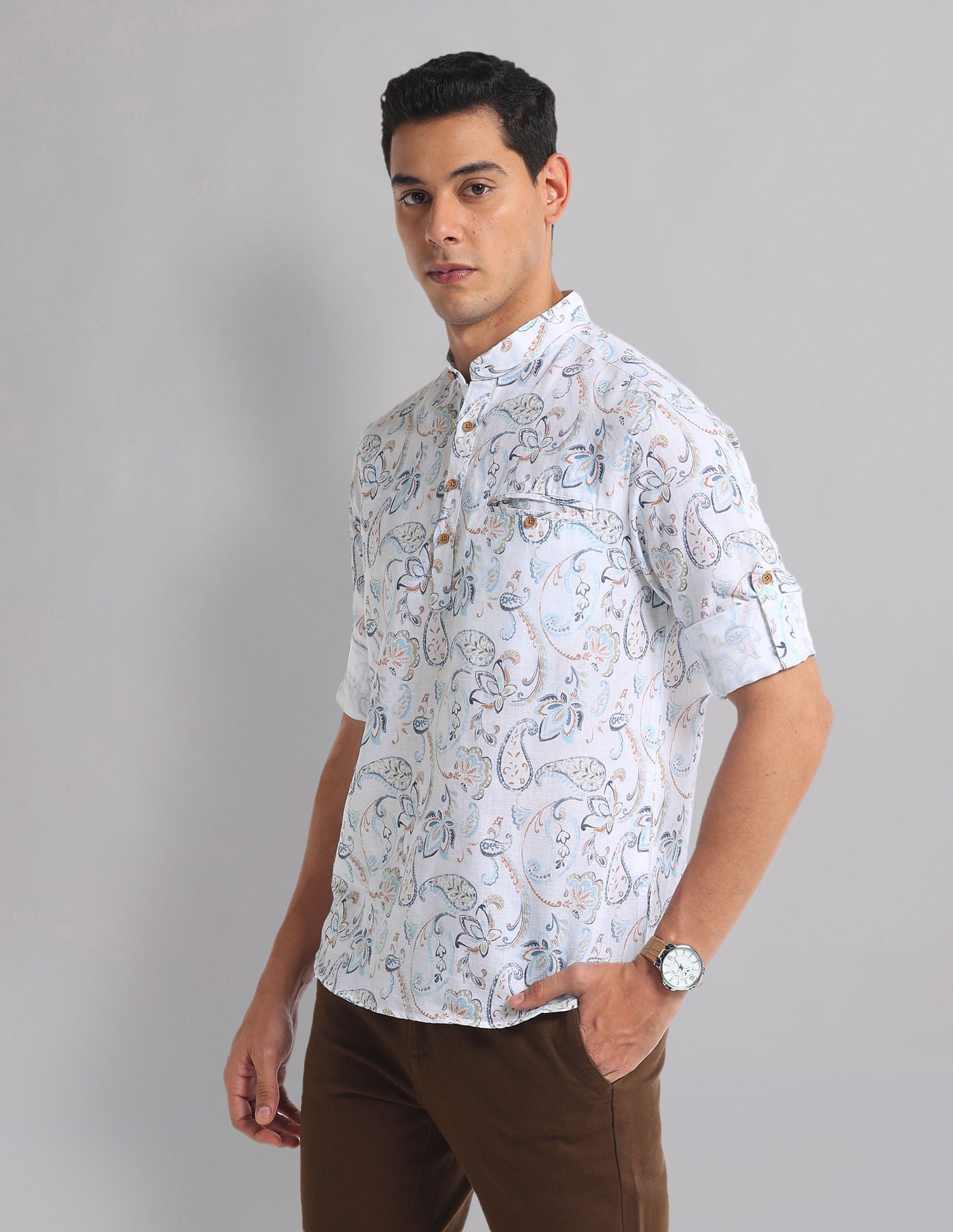 Weekend Paisley Print Mandarin Collar Indie Shirt
