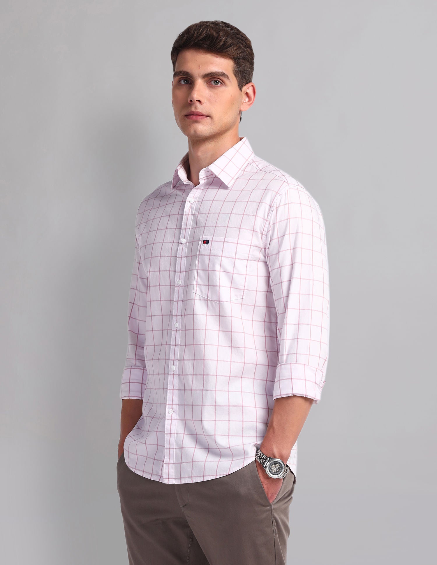 Office essential Windowpane Check Cotton Shirt