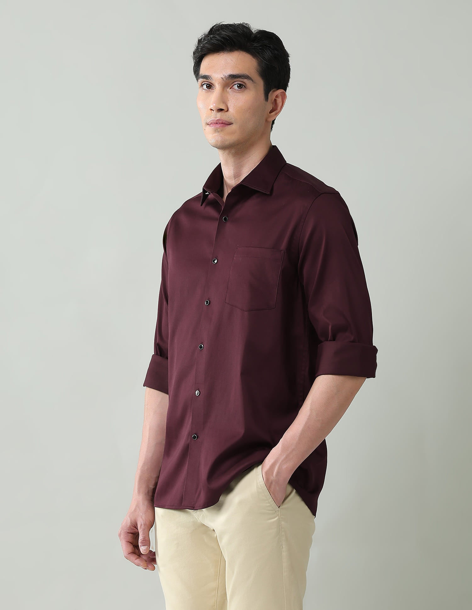 Vogue Vault Solid Slim Fit Satin Shirt