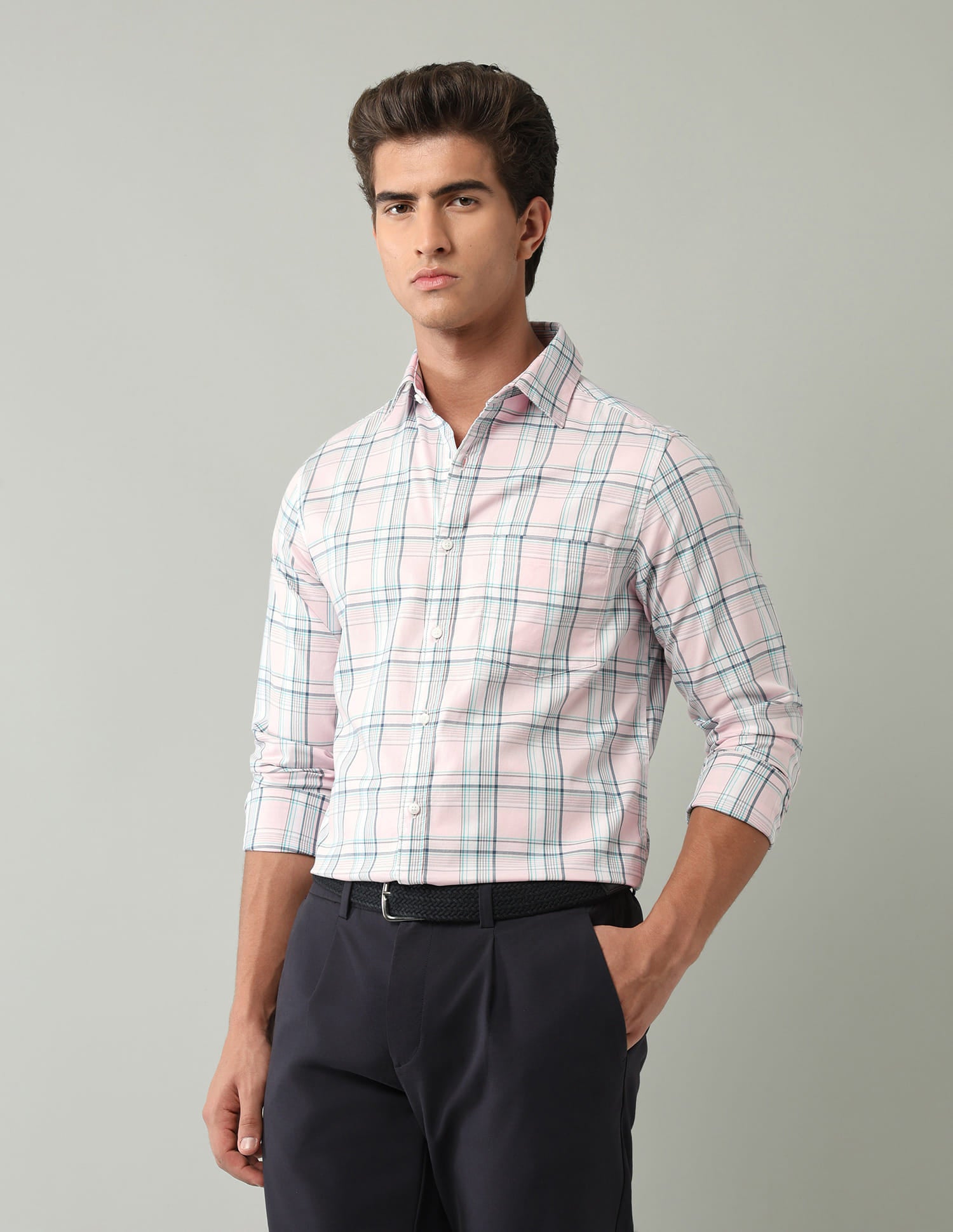Pink Tartan Checked Modern Slim Fit Shirt