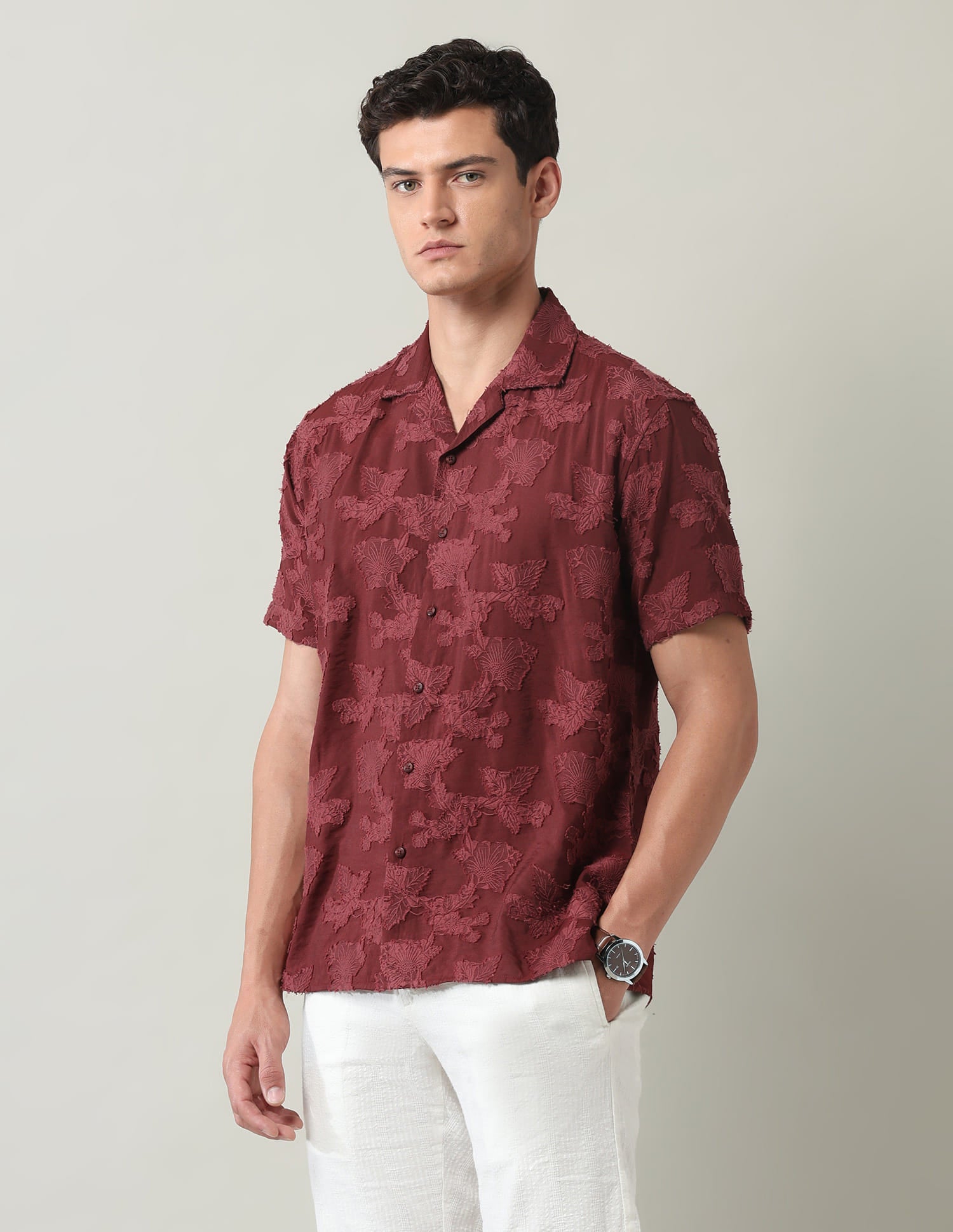 Floral Embroidered Slim Fit Jacquard Shirt