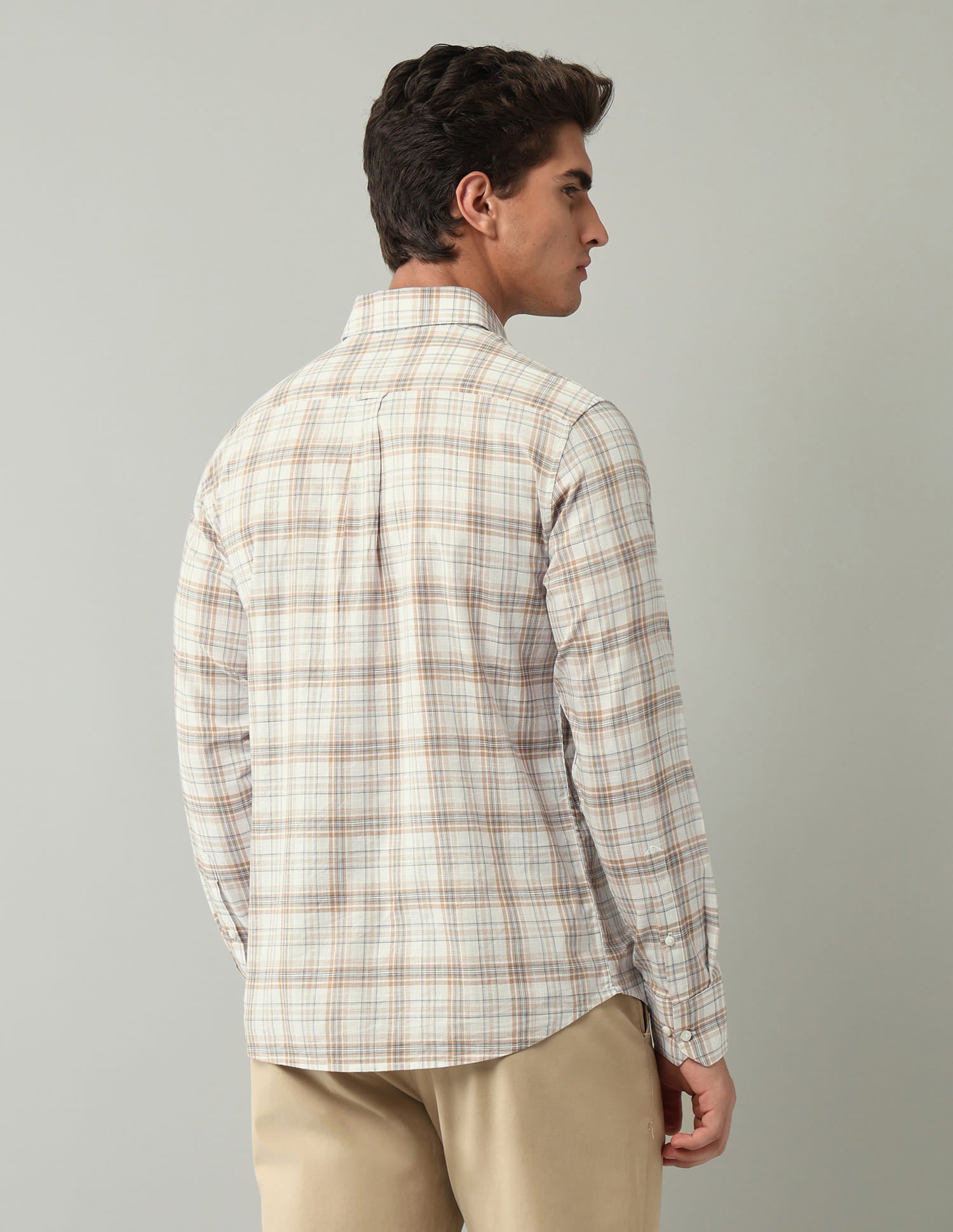 Beige Plaid Checked Regular Fit Shirt