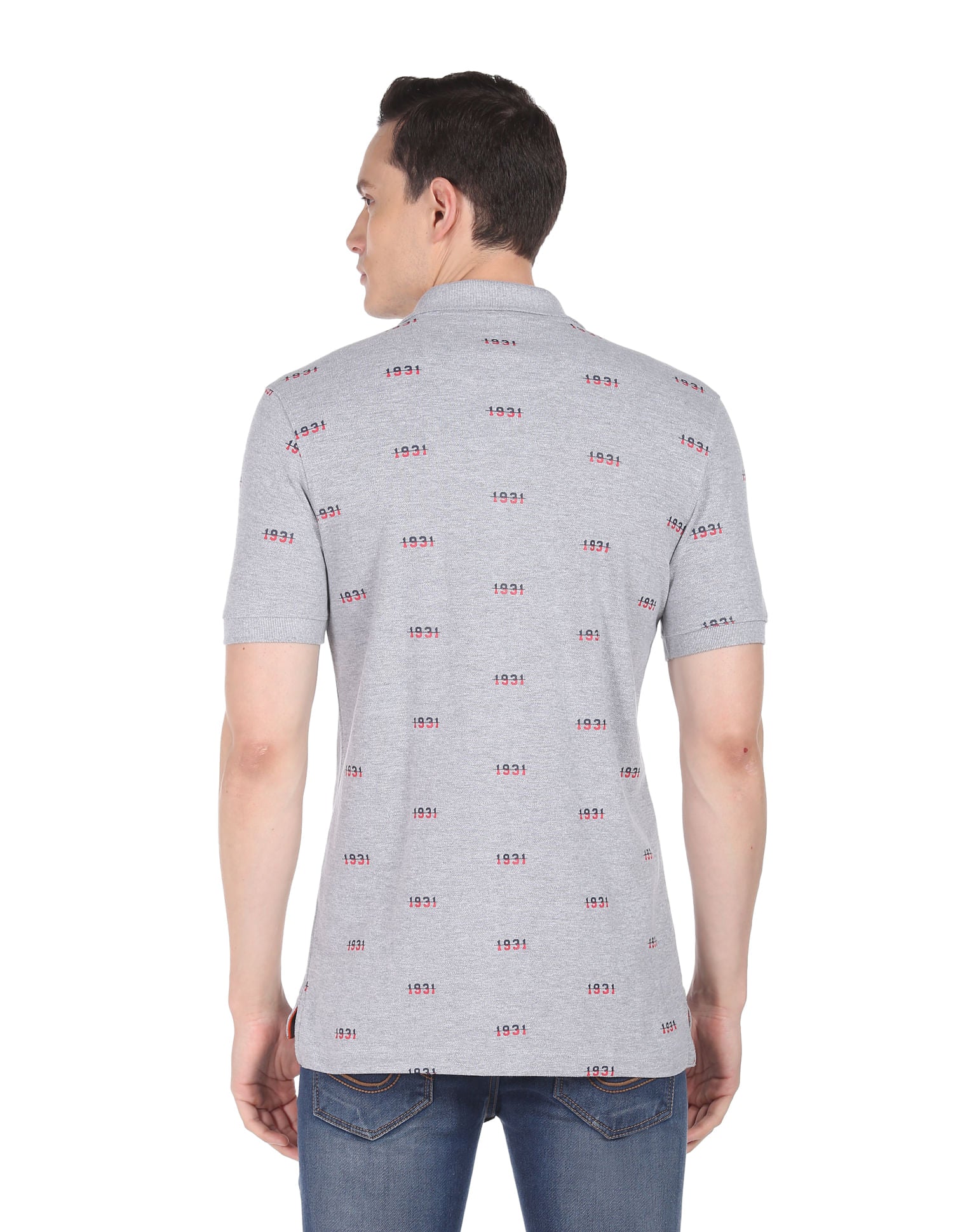 Textured Heathered Typography Print Cotton Polo Shirt