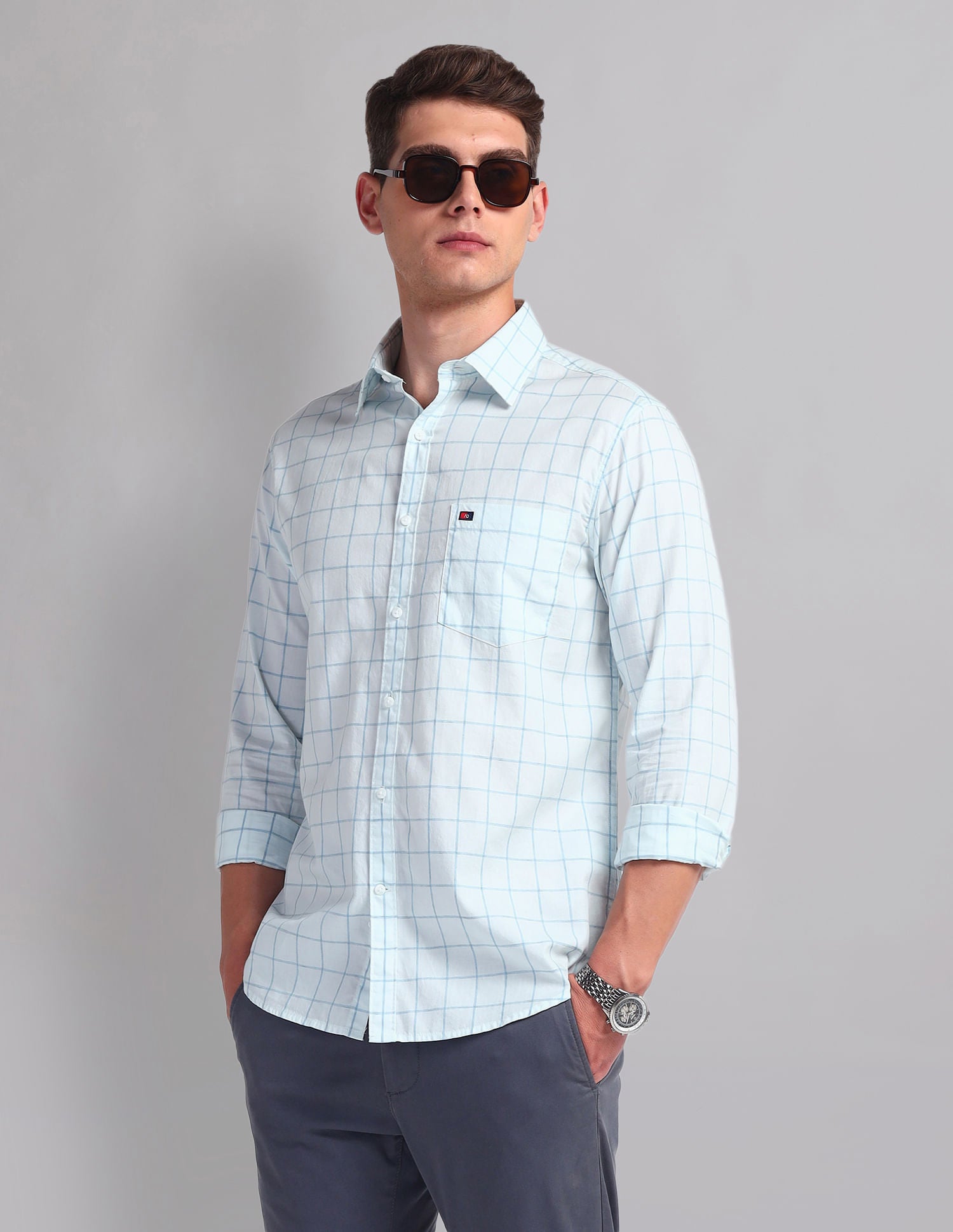 Office essential Windowpane Check Cotton Shirt