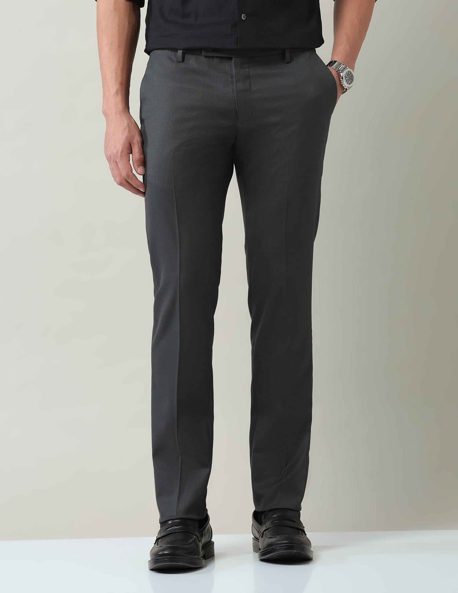 Work Essentials Solid Slim Fit Dobby Trousers