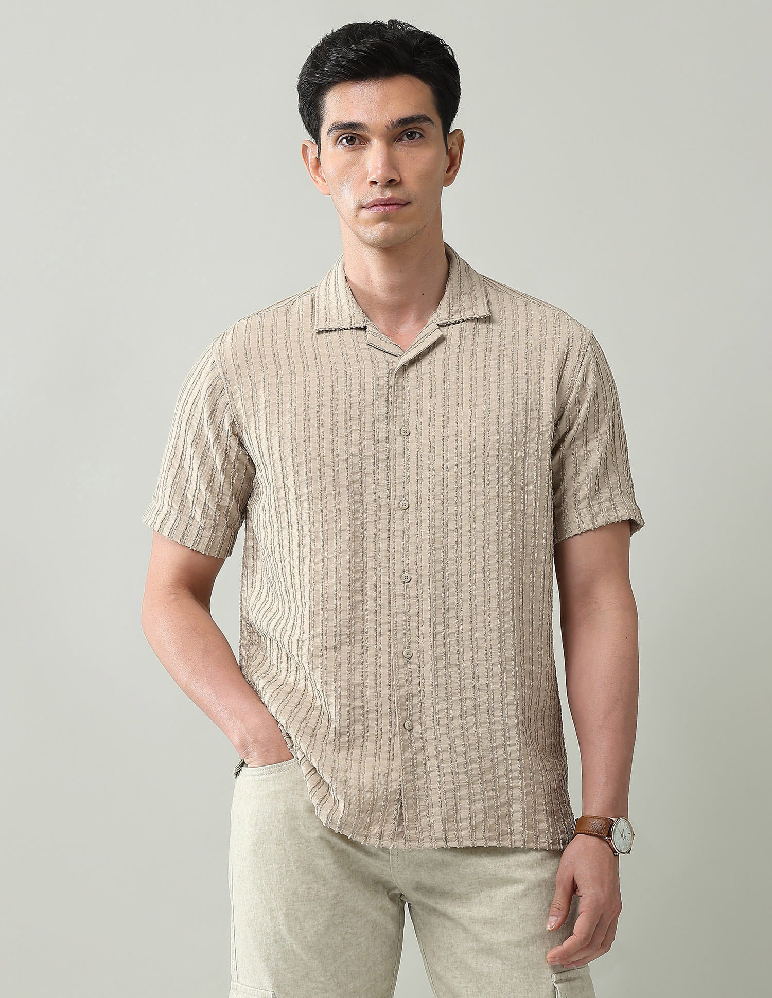Vertical Striped Slim Fit Dobby Weave Shirt