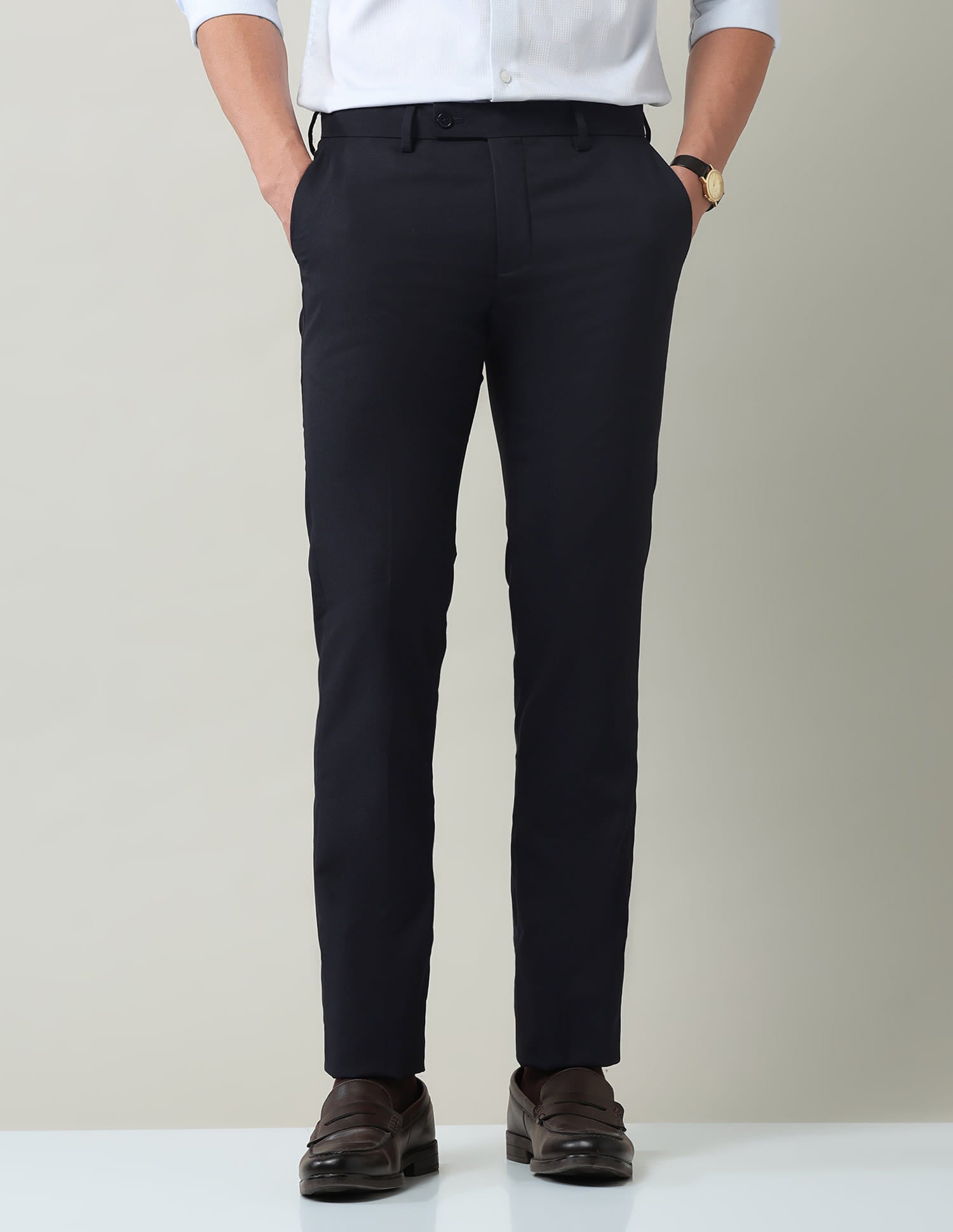 Solid Regular Fit Dobby Trousers