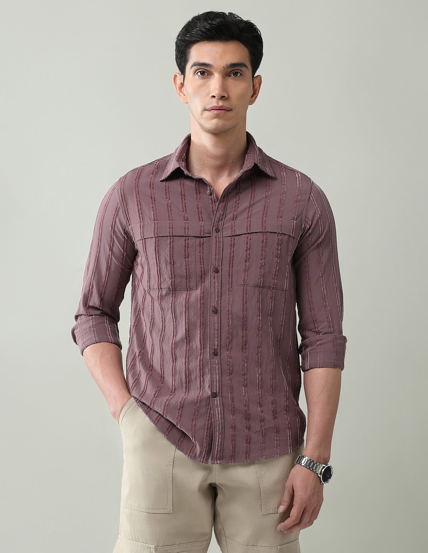 Noir Luxe Vertical Striped Slim Fit Dobby Weave Shirt
