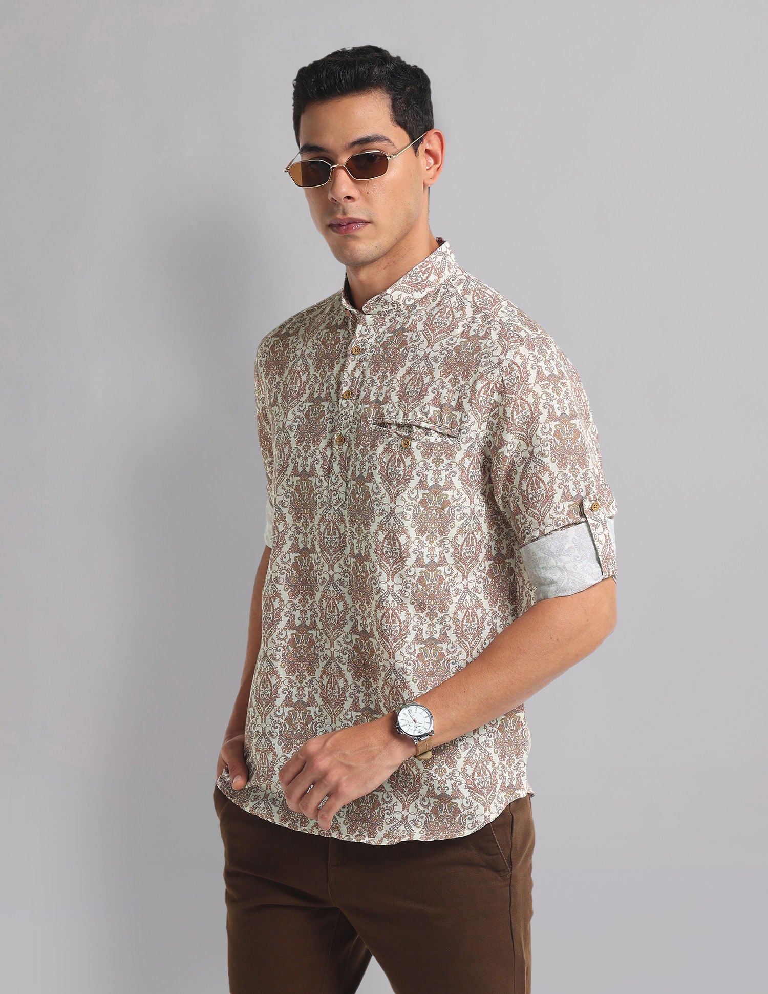 Paisley Motif Print Mandarin Collar Indie Shirt