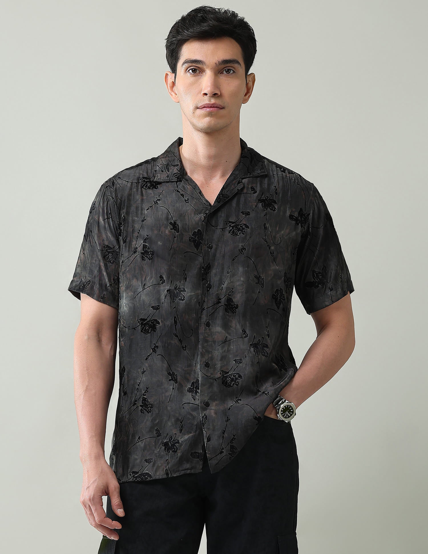 Floral Printed Slim Fit Dobby Weave Shirt