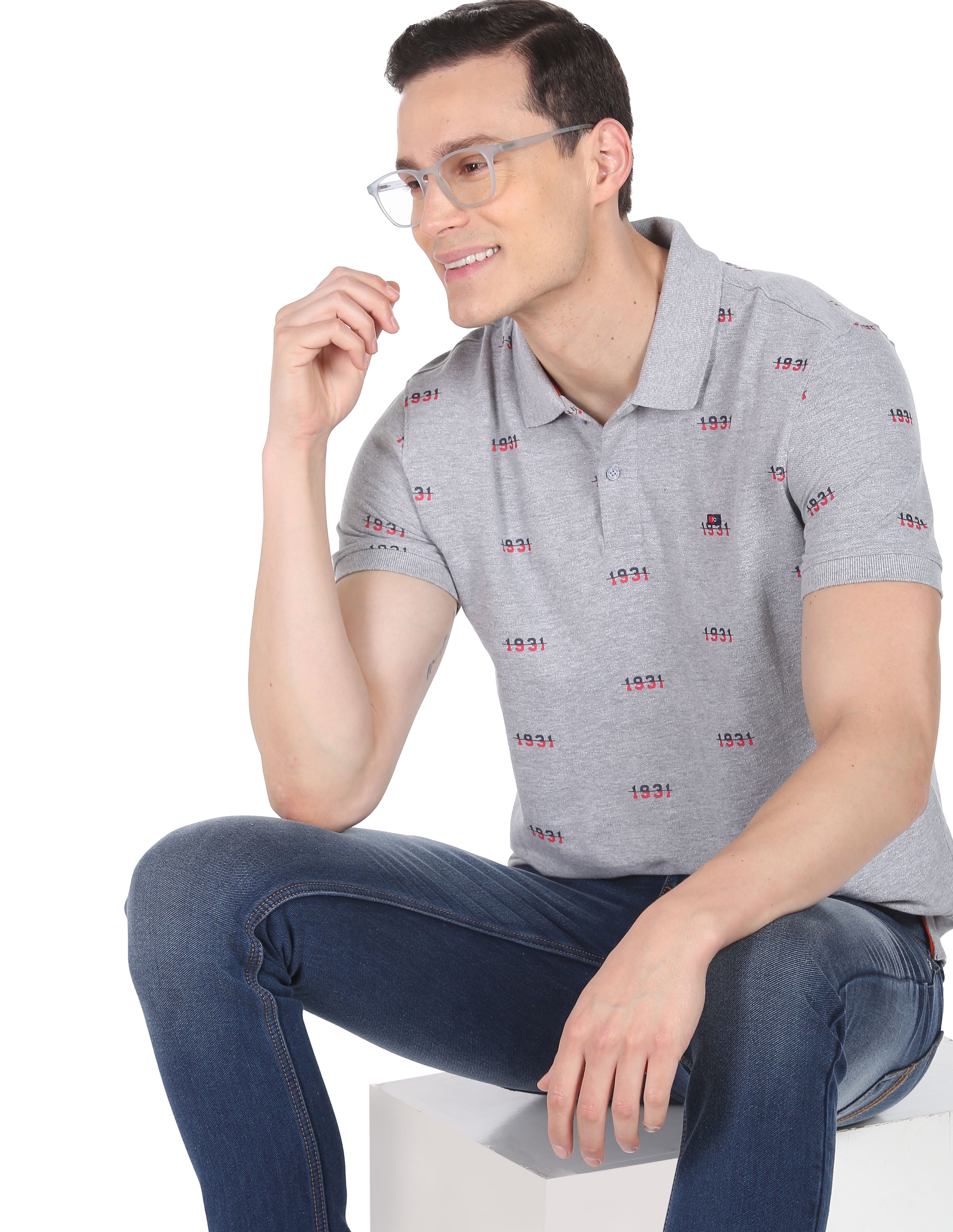Textured Heathered Typography Print Cotton Polo Shirt