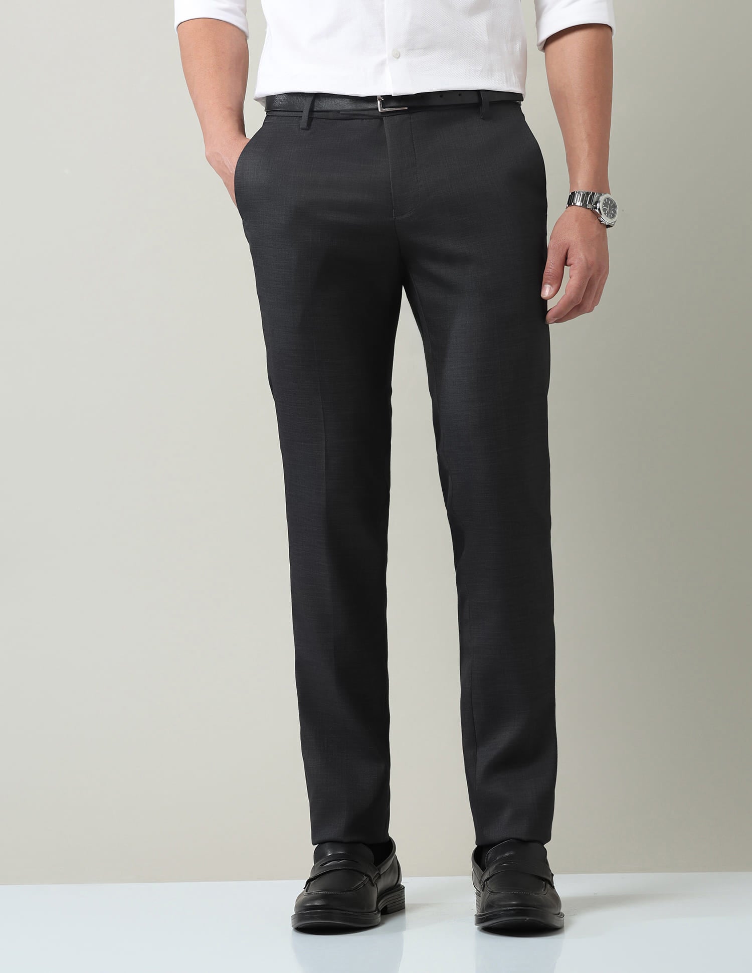 Work Essentials Solid Slim Fit Dobby Trousers