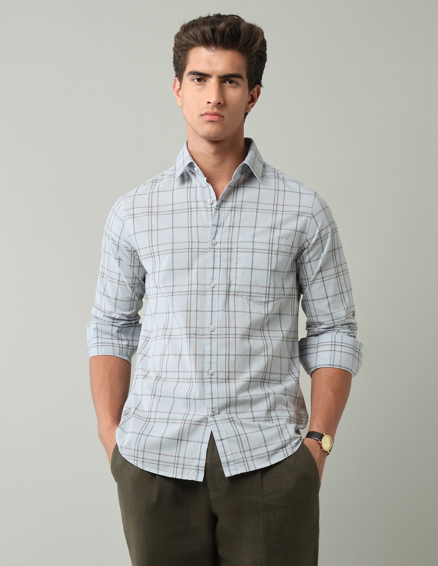 Blue Windowpane Checked Modern Slim Fit Shirt