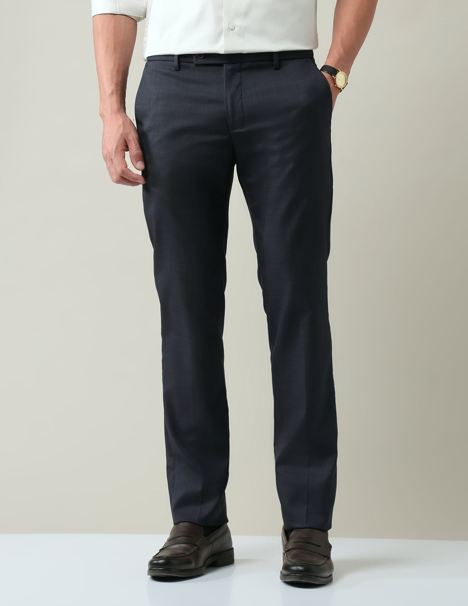 Work Essentials Solid Slim Fit Dobby Trousers