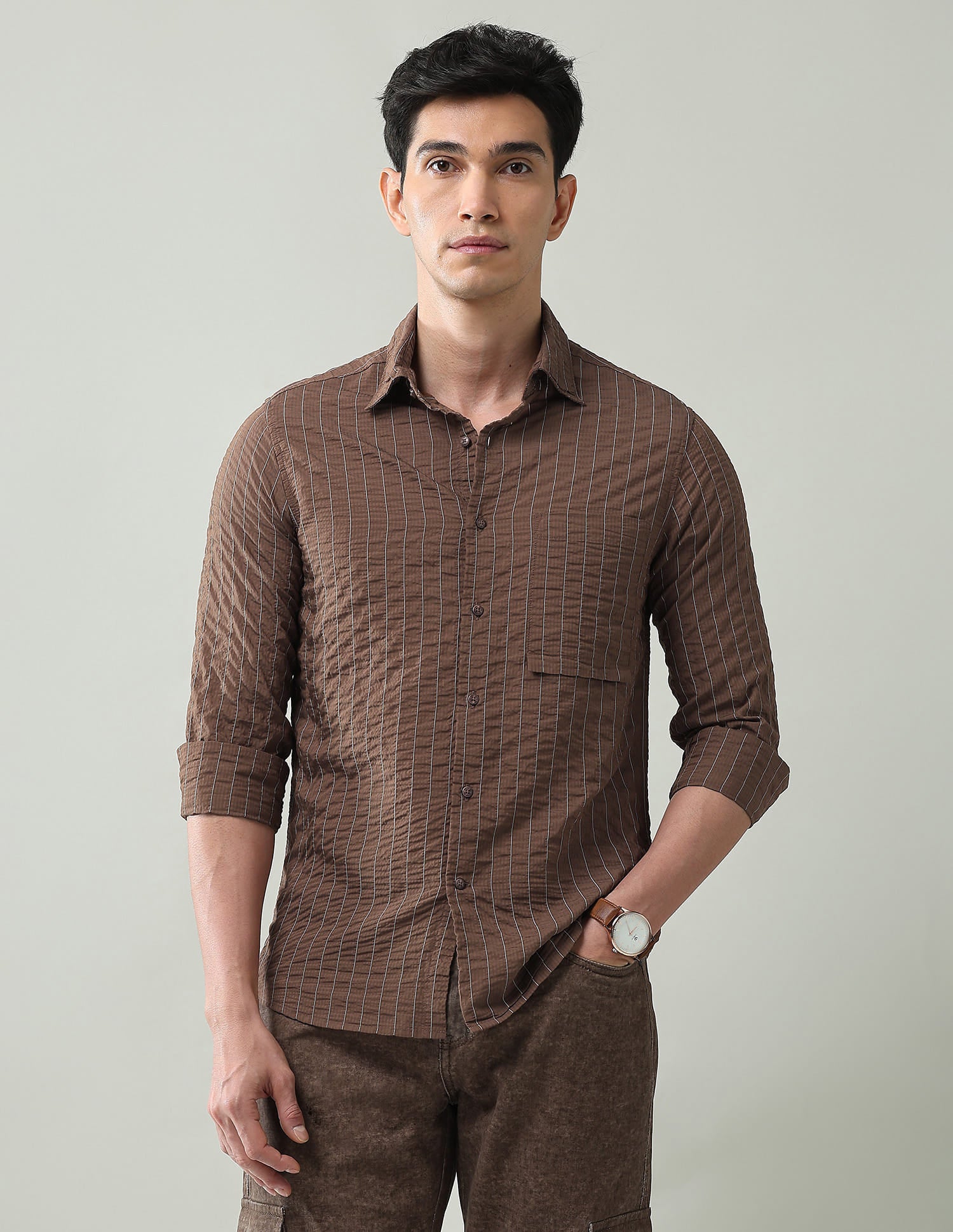 Noir Luxe Vertical Striped Slim Fit Dobby Weave Shirt