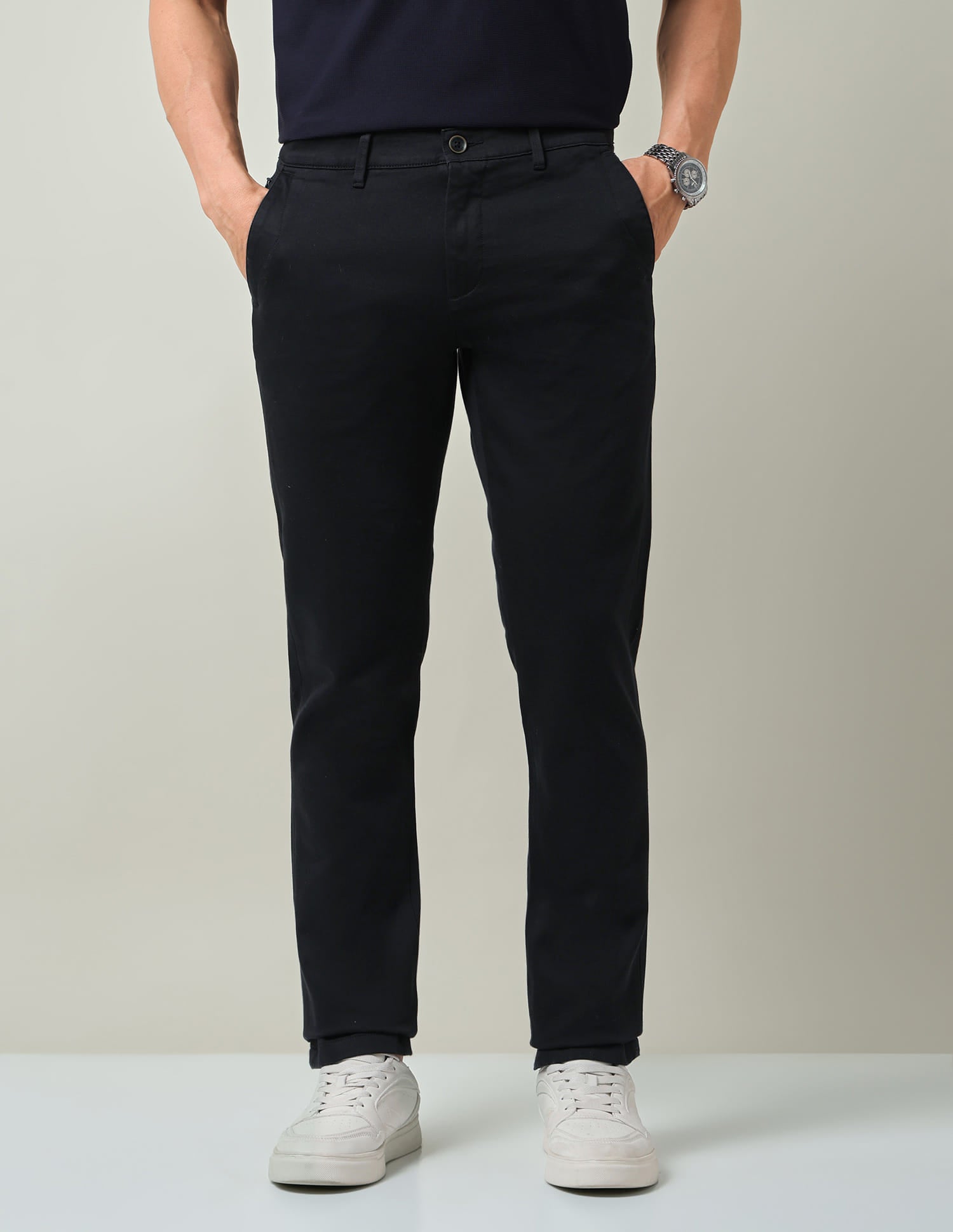 Work Essentials Solid Slim Fit Dobby Trousers