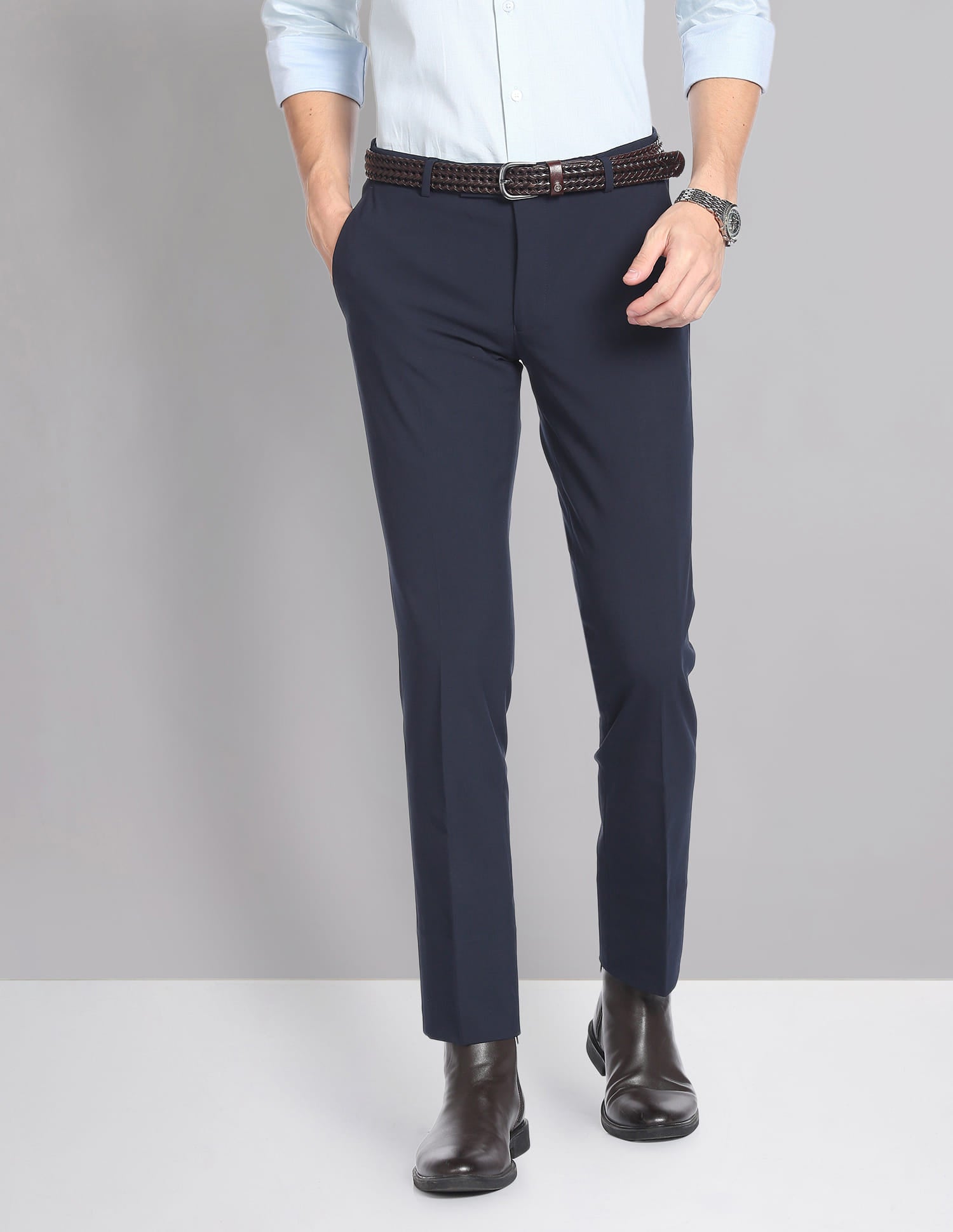 Twill Solid Smart Flex Formal Trousers