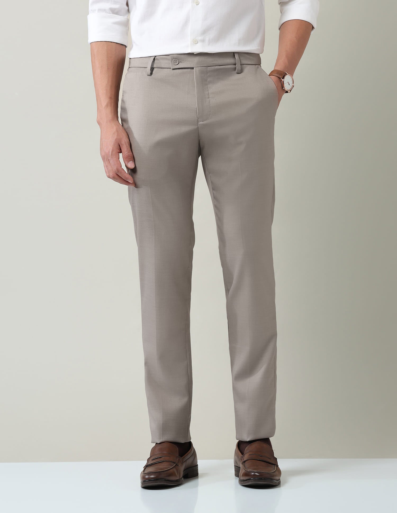 Work Essentials Solid Slim Fit Dobby Trousers