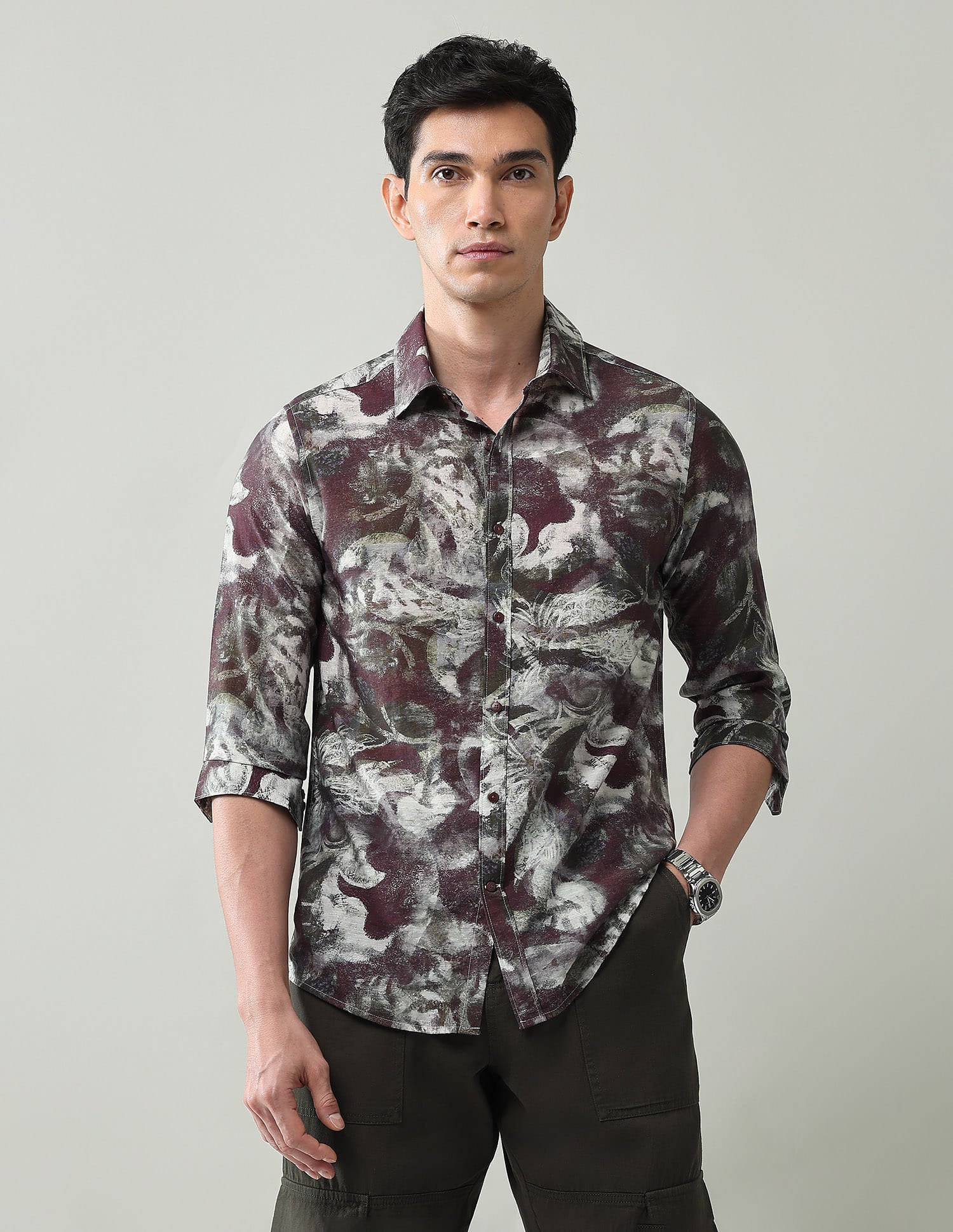 Abstract Printed Slim Fit Dobby Weave Shirt
