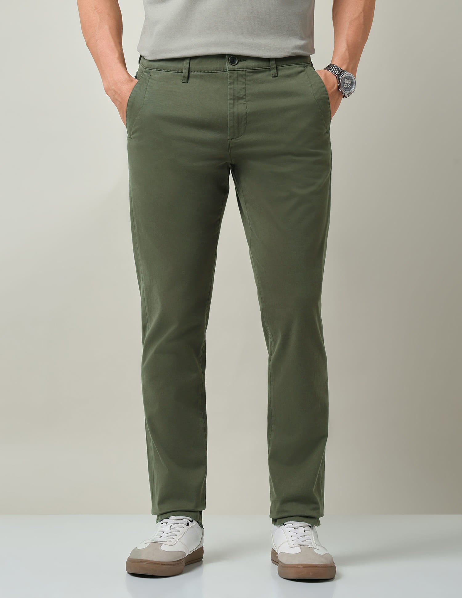 Work Essentials Solid Slim Fit Dobby Trousers