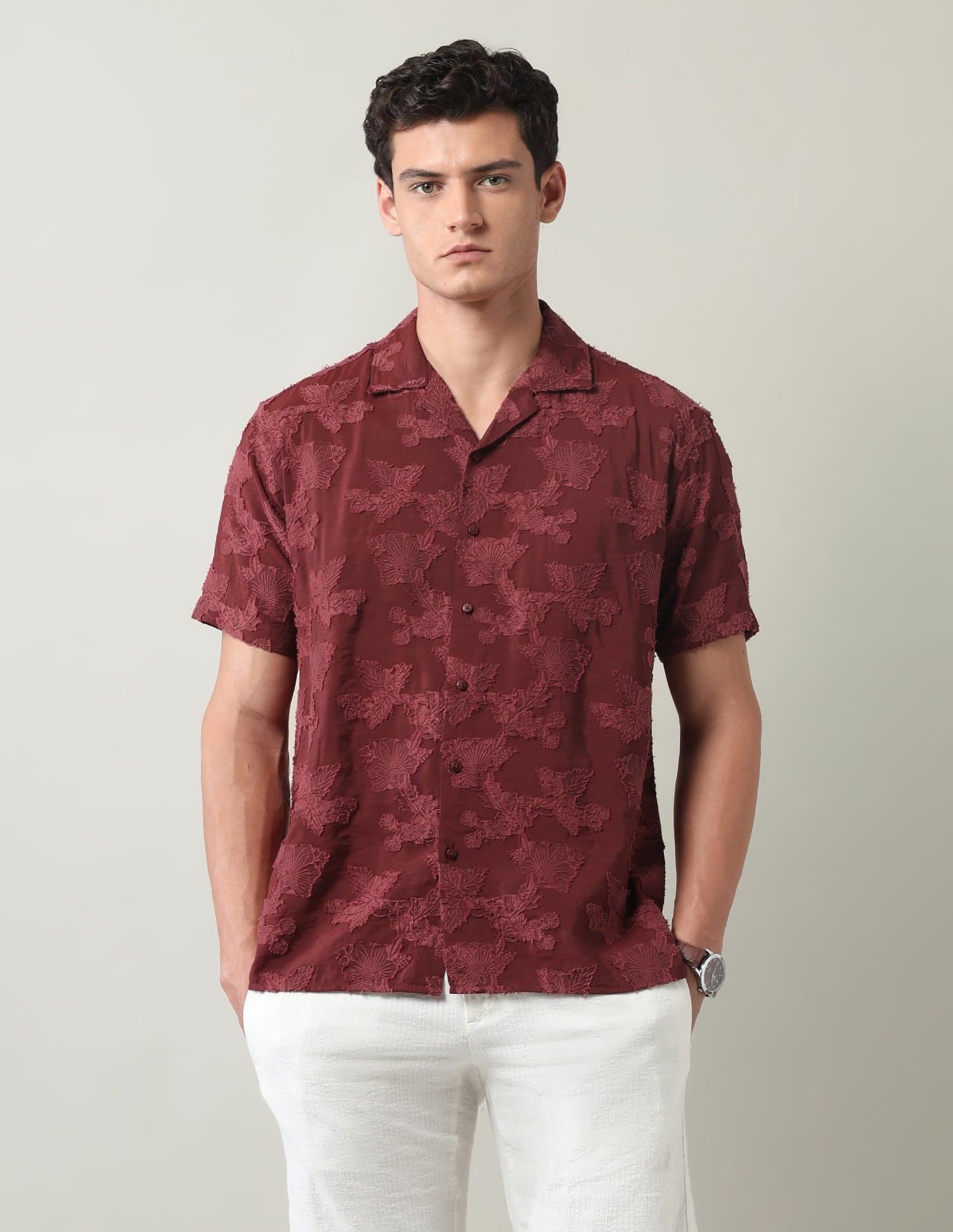 Floral Embroidered Slim Fit Jacquard Shirt
