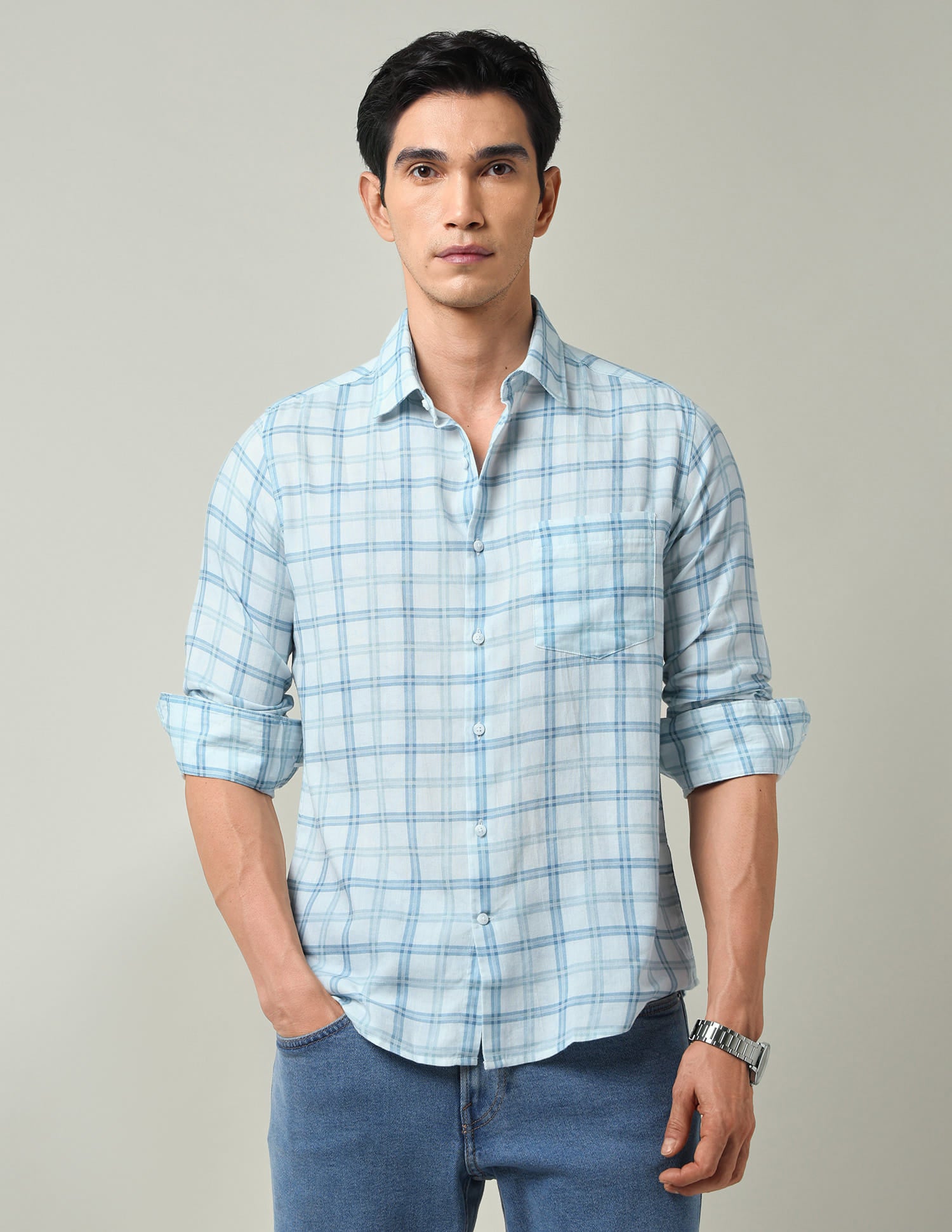 Windowpane Checked Slim Fit Twill Shirt