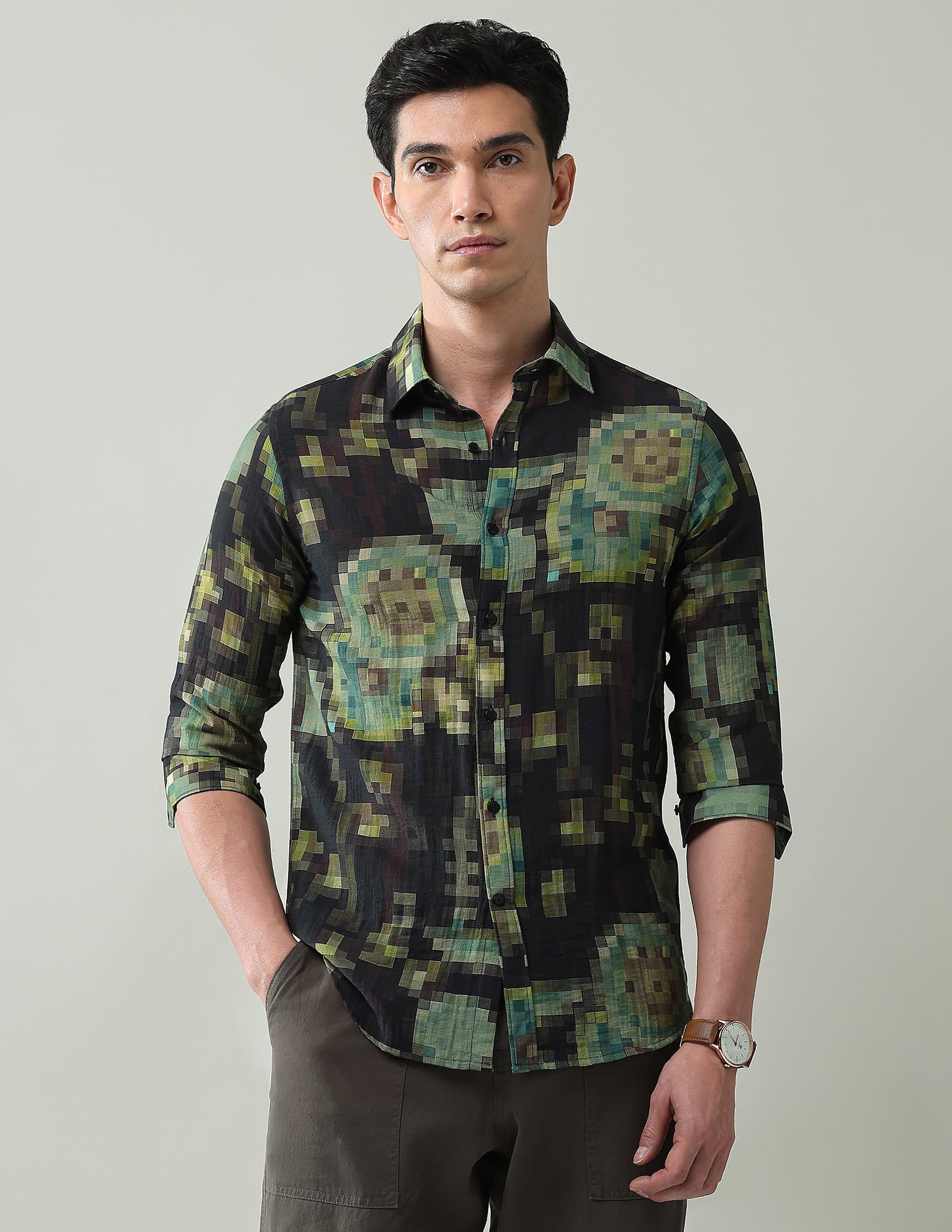 Abstract Printed Slim Fit Dobby Weave Shirt