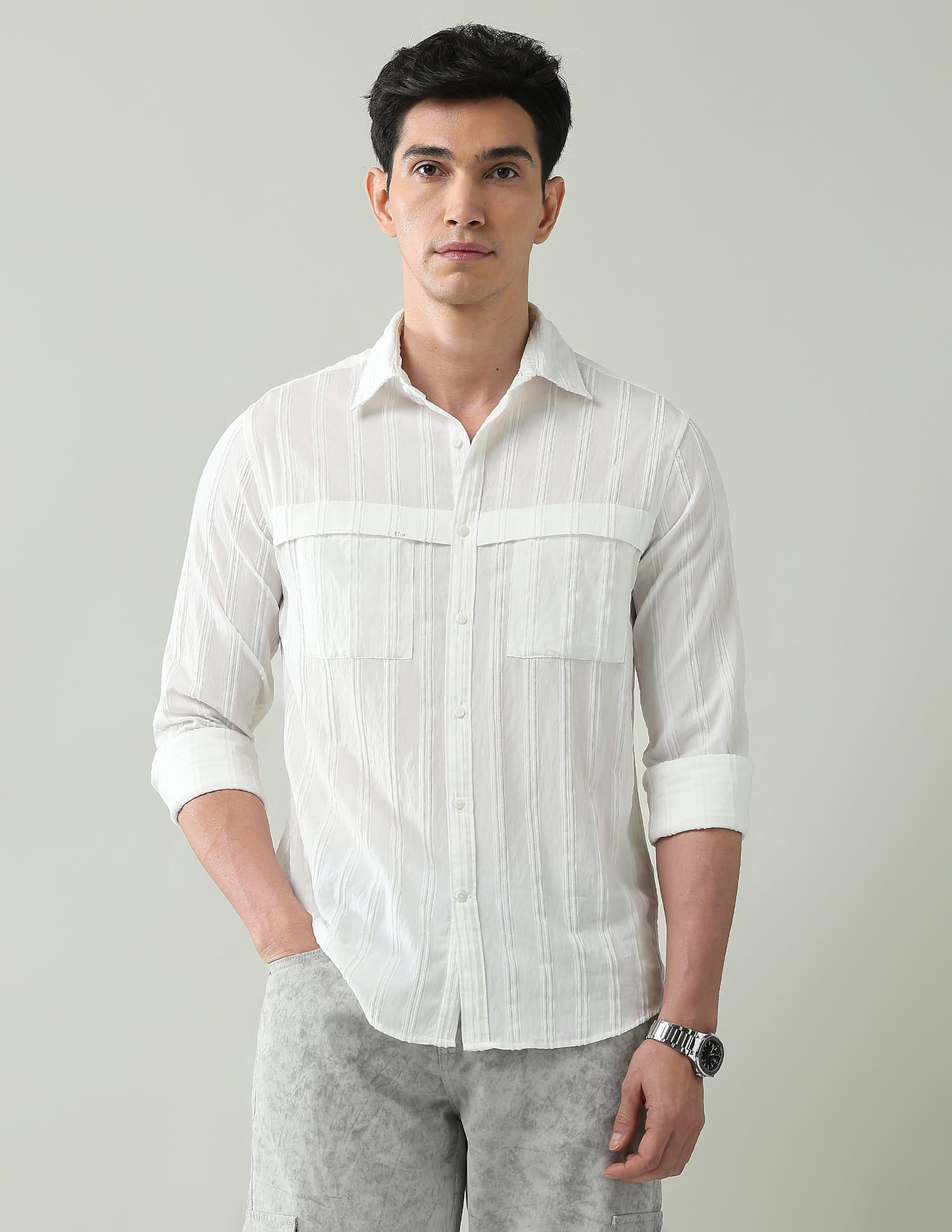 Noir Luxe Vertical Striped Slim Fit Dobby Weave Shirt