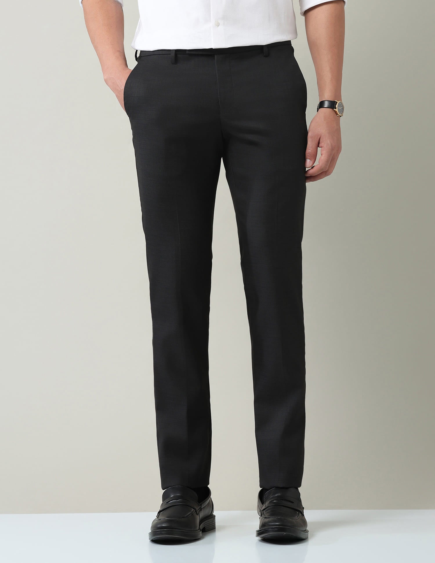 Work Essentials Solid Slim Fit Dobby Trousers